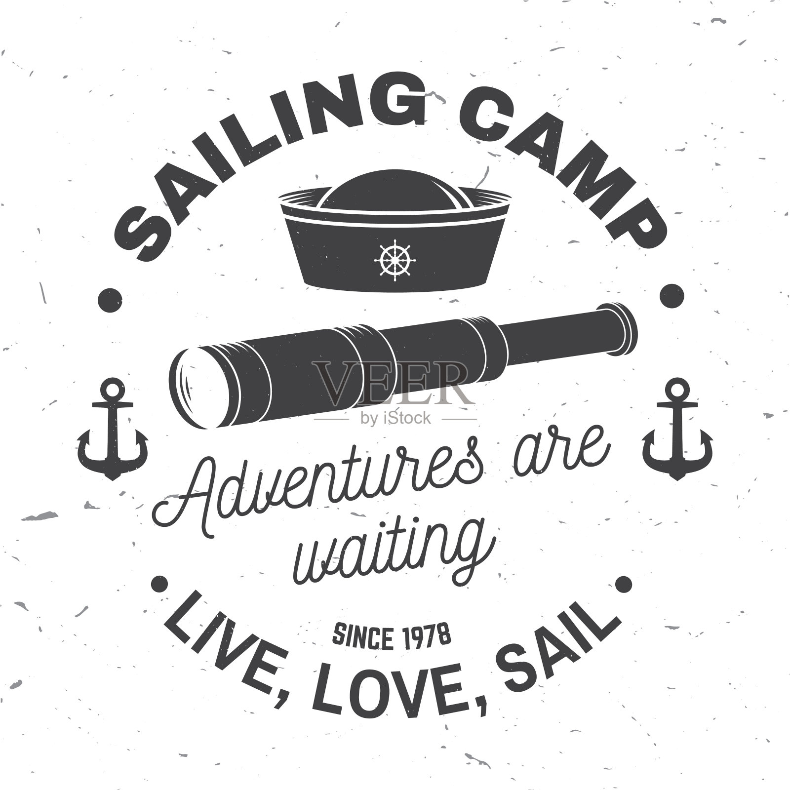 一套夏季帆船营徽章。向量。概念衬衫，印花或t恤。复古的排版设计与黑色的海锚和绳结剪影。最好的体育活动插画图片素材