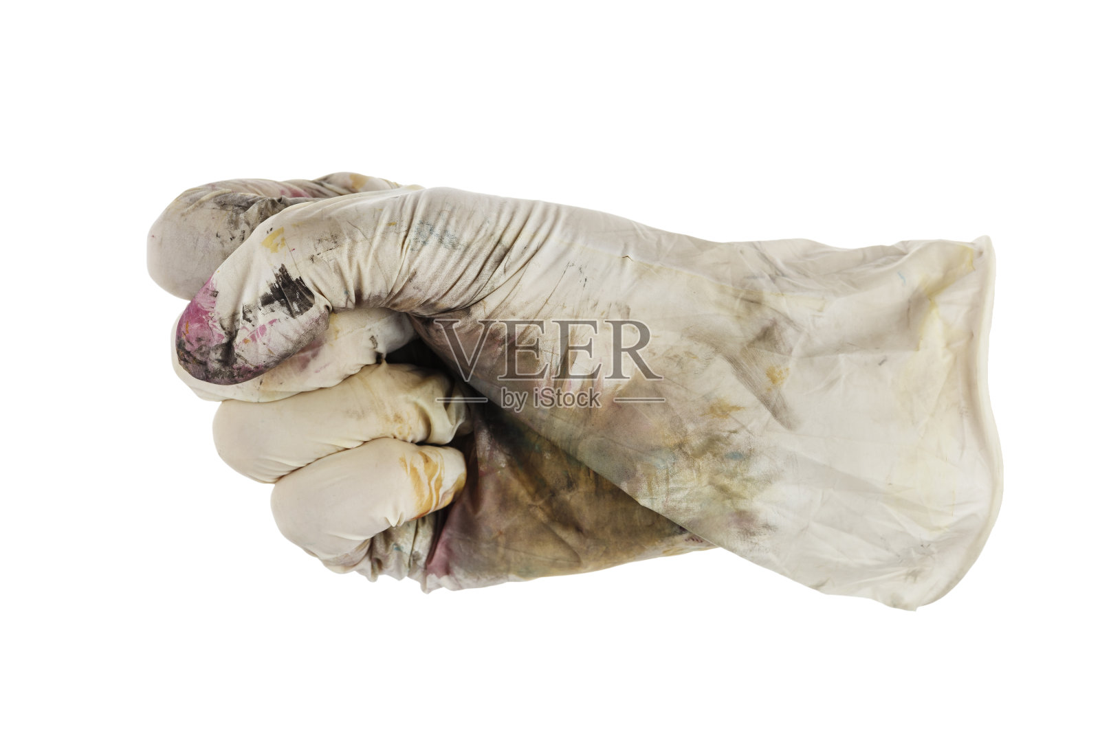 把脏手套紧握成拳头。在白色背景上隔离照片摄影图片