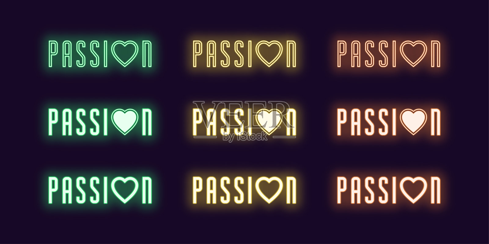 霓虹灯图标集激情字。矢量发光艺术插画图片素材