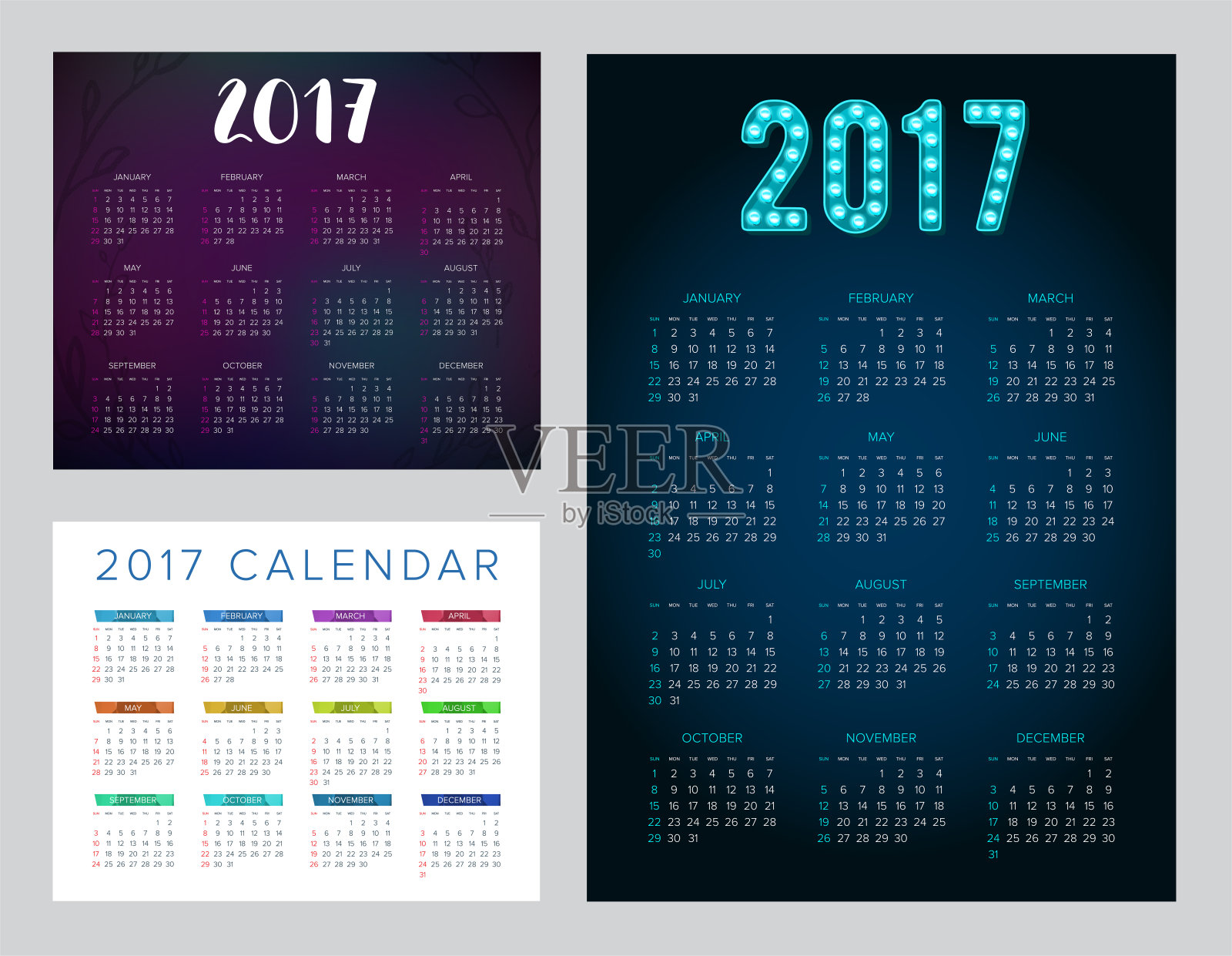 2017年日历设置。摘要一周从周日开始。矢量插图。打印准备集合。设计模板素材