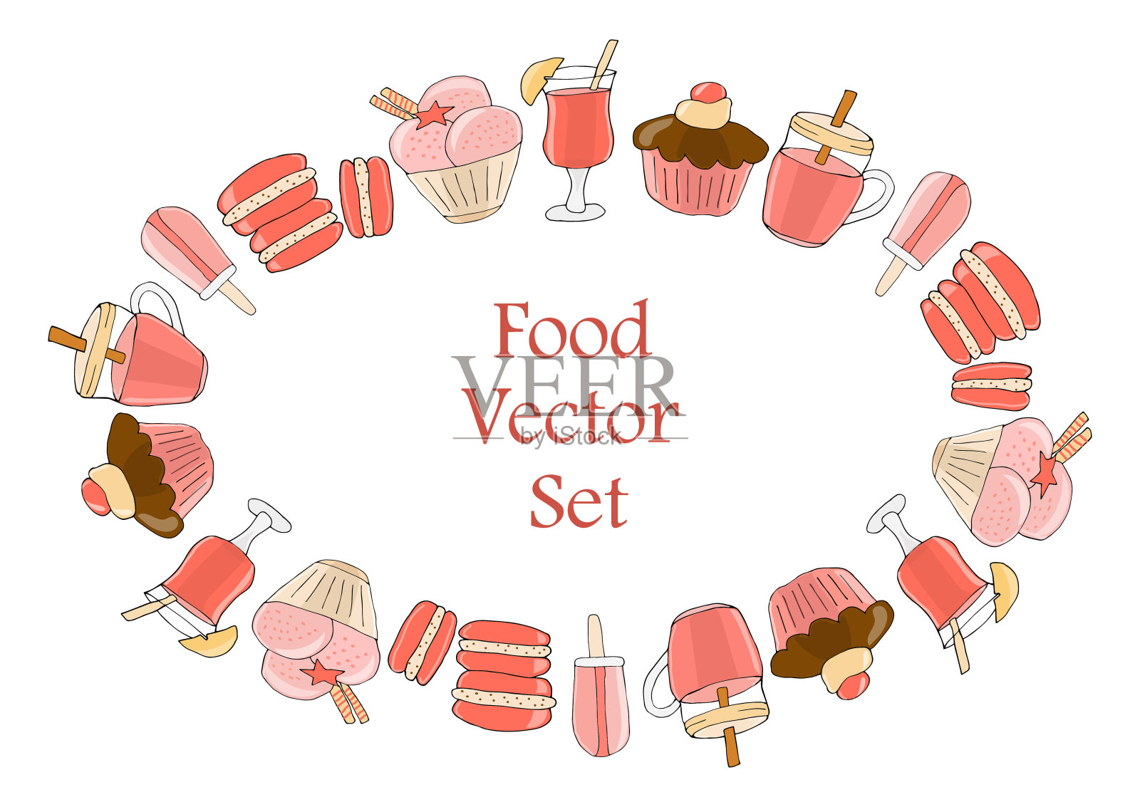 一套饮料、糕点和糖果。元素隔离在白色的餐厅和咖啡馆菜单。——矢量插画图片素材