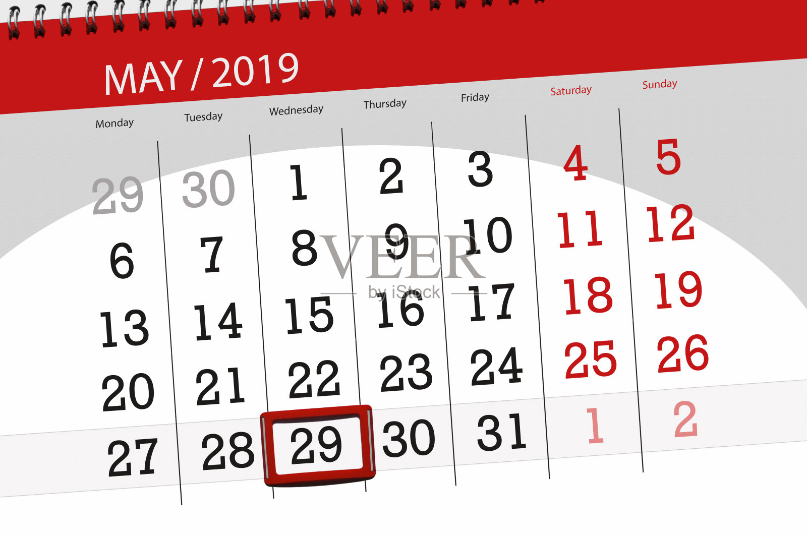 2019年5月的日历计划，截止日期，29日星期三插画图片素材