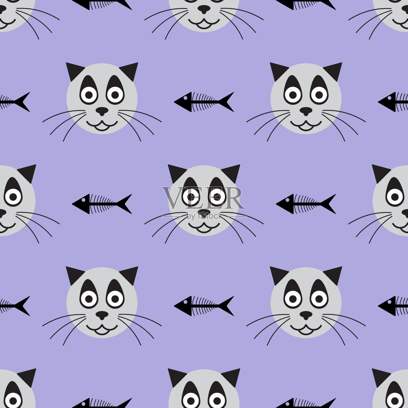 微笑猫的头和鱼的骨架。有趣的无缝模式。矢量插图。插画图片素材