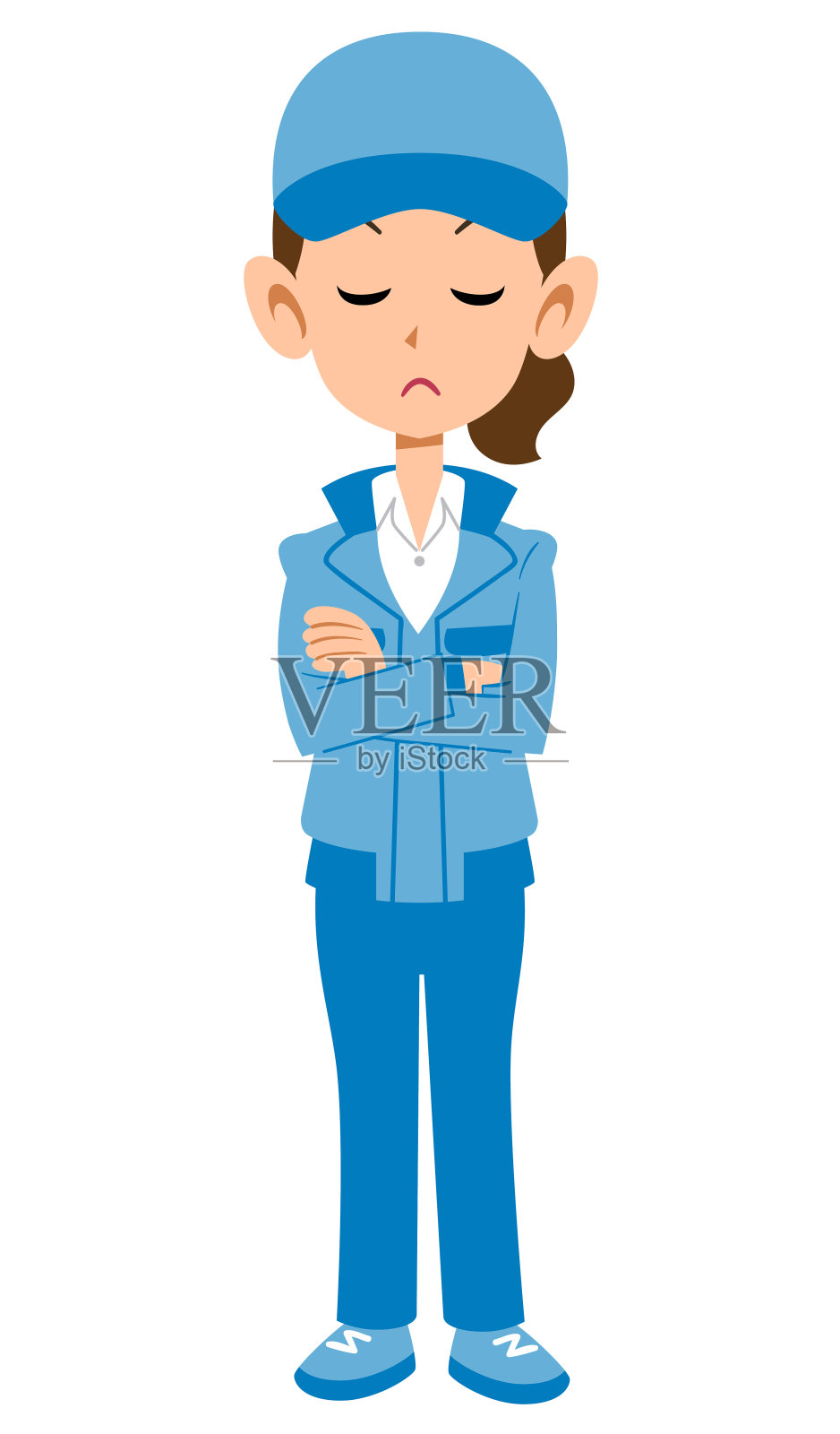 穿着蓝色工作服的女人在思考插画图片素材