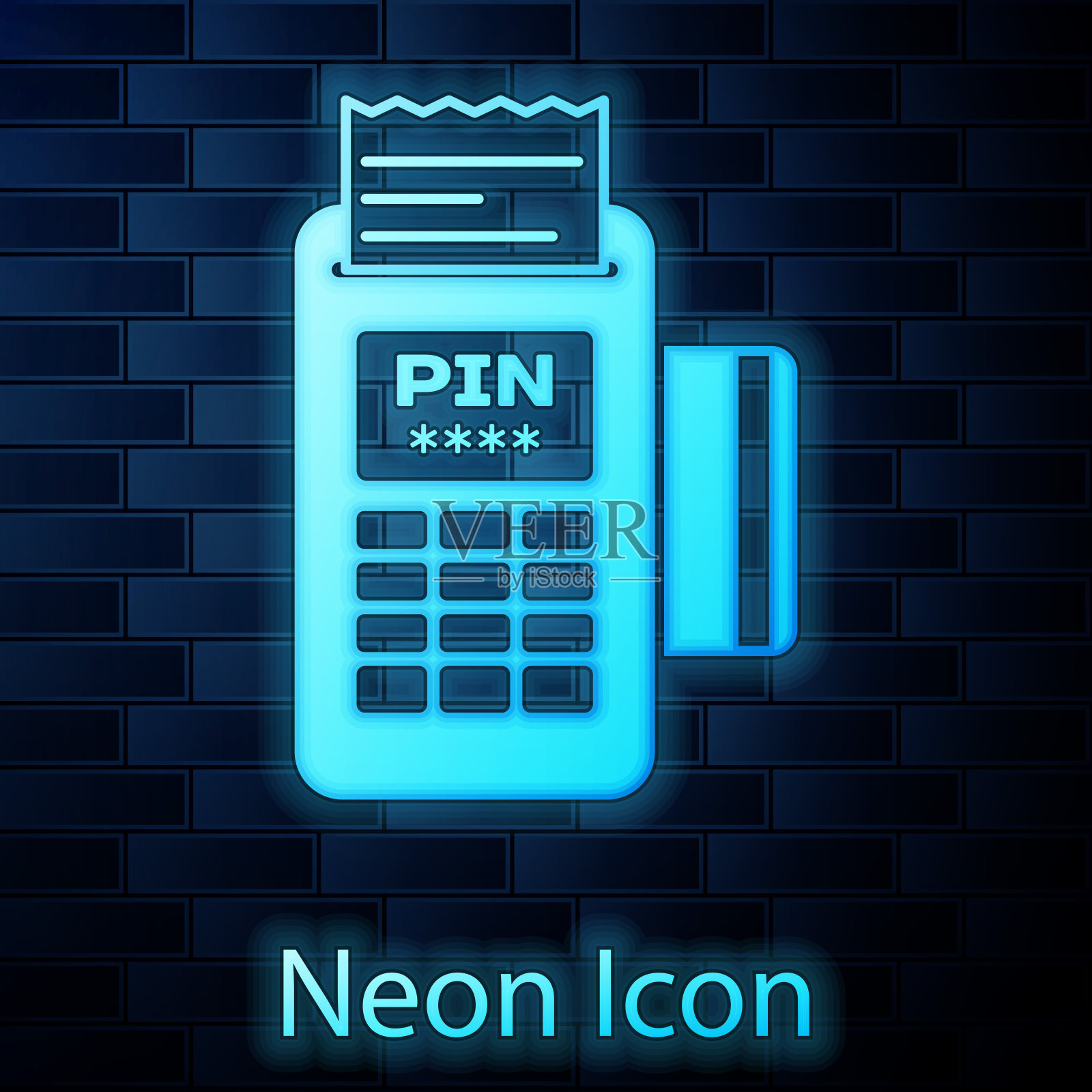 发光的霓虹灯POS终端，插入信用卡和打印收据的图标隔离在砖墙背景上。NFC支付的概念。矢量图插画图片素材