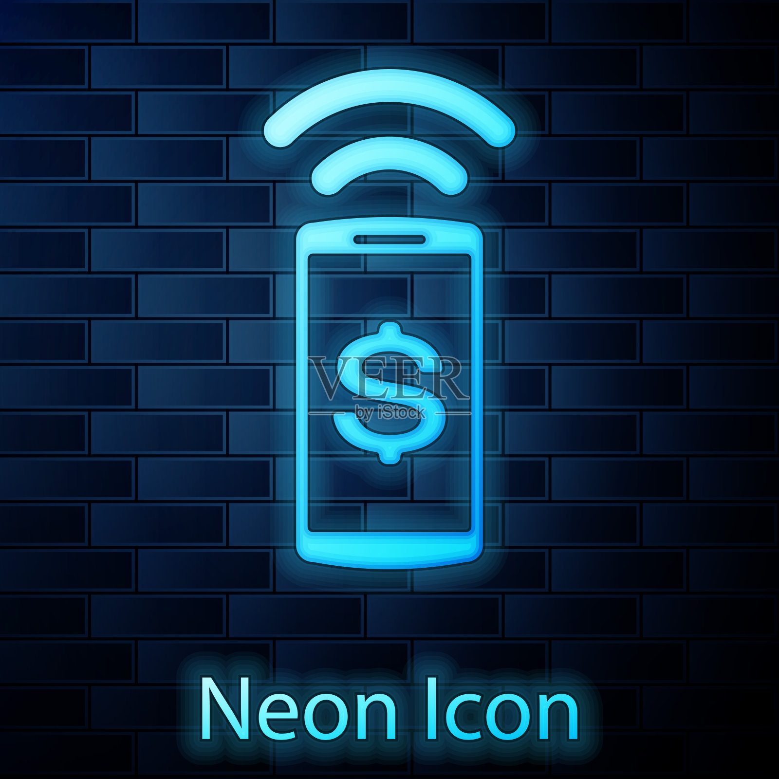 发光的霓虹灯非接触式支付图标隔离在砖墙的背景上。移动钱包技术，nfc，智能手机无线支付。矢量图插画图片素材