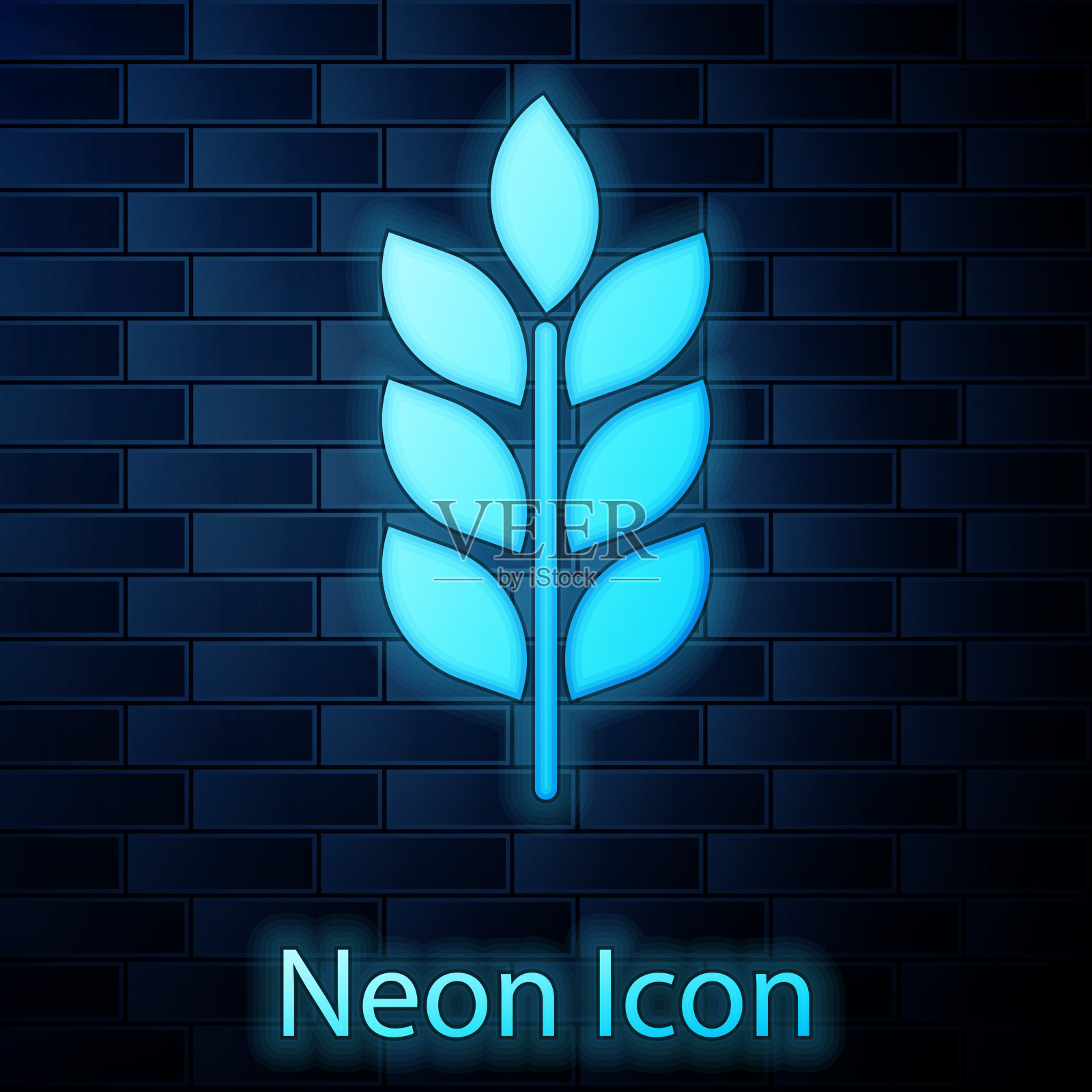 发光的霓虹灯谷物图标设置大米，小麦，玉米，燕麦，黑麦，大麦标志孤立在砖墙背景。小麦穗是面包的象征。农业小麦的象征。矢量图插画图片素材