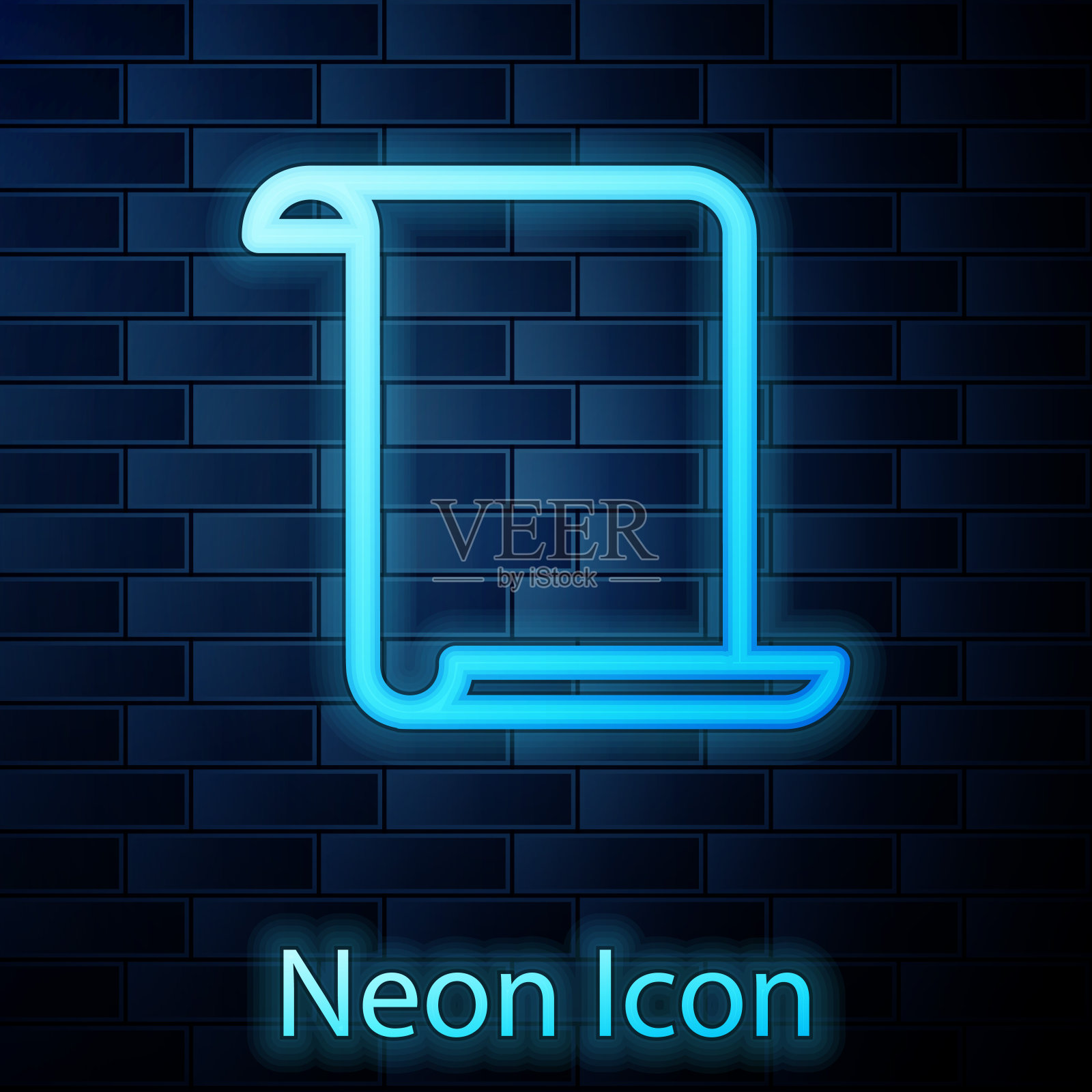 发光的霓虹灯纸滚动图标孤立在砖墙的背景。画布上滚动的迹象。矢量图图标素材