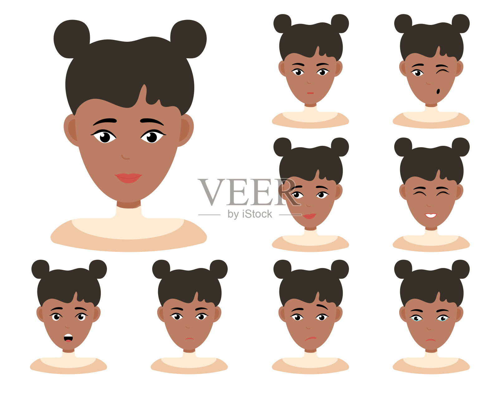 黑色头发的非裔美国妇女的面部表情。不同的女性情感设定。有吸引力的卡通人物。矢量插图隔离在白色背景上插画图片素材