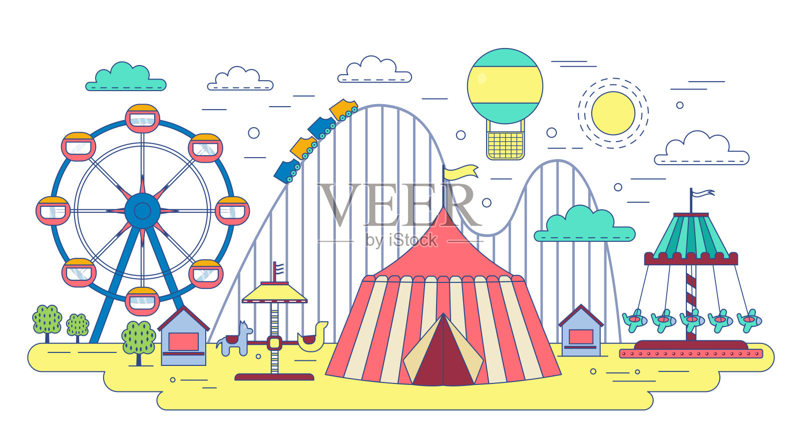 直线娱乐马戏团公园孤立的白色背景。插画图片素材