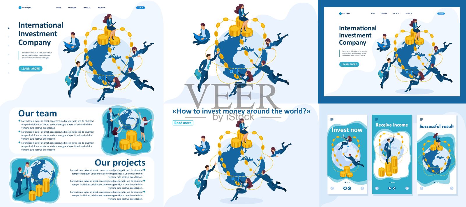 集模板文章，登陆页面，app设计，Isometric国际投资公司，商人飞遍世界插画图片素材