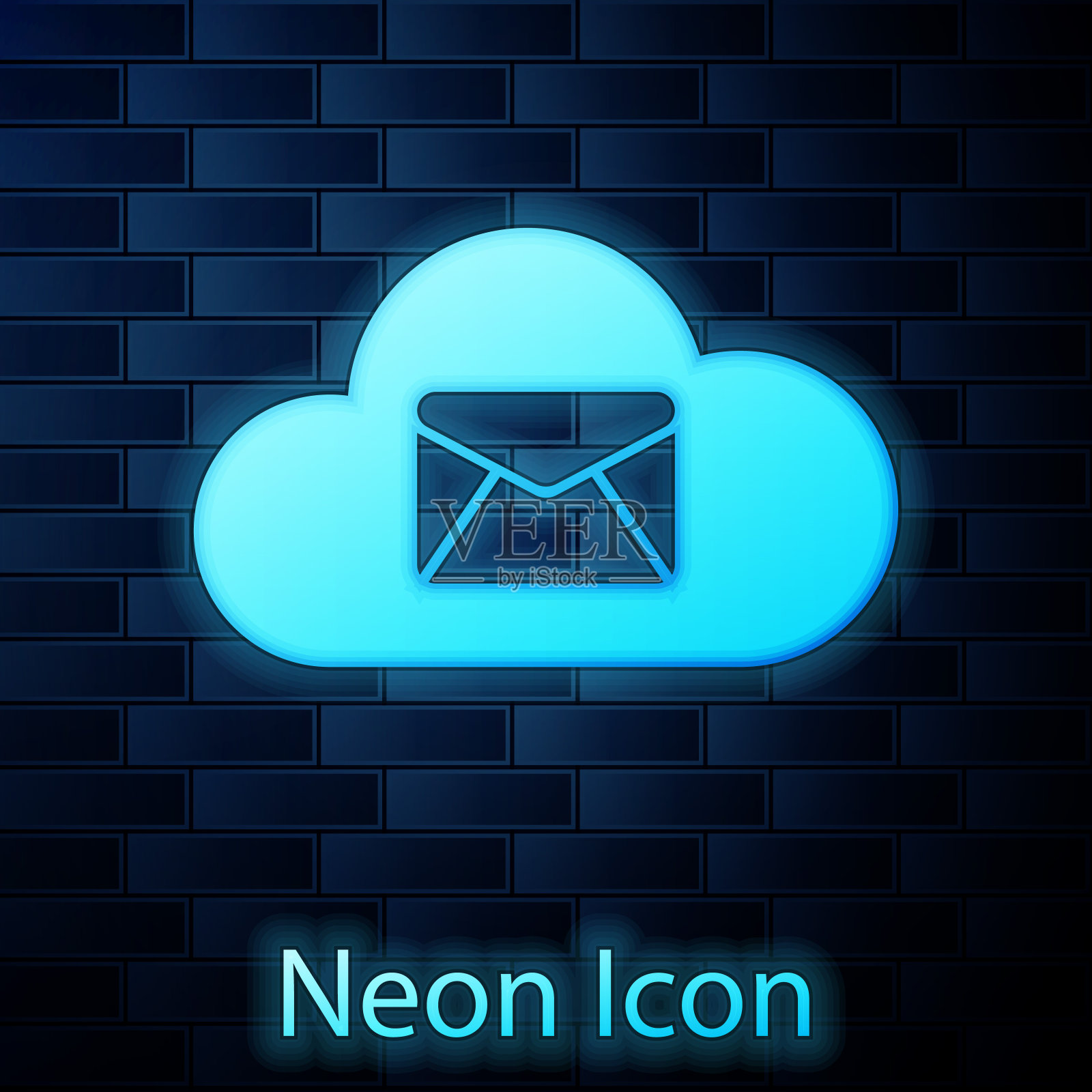 发光的霓虹灯云邮件服务器图标隔离在砖墙背景。云服务器托管电子邮件。在线信息服务。邮箱的迹象。矢量图图标素材