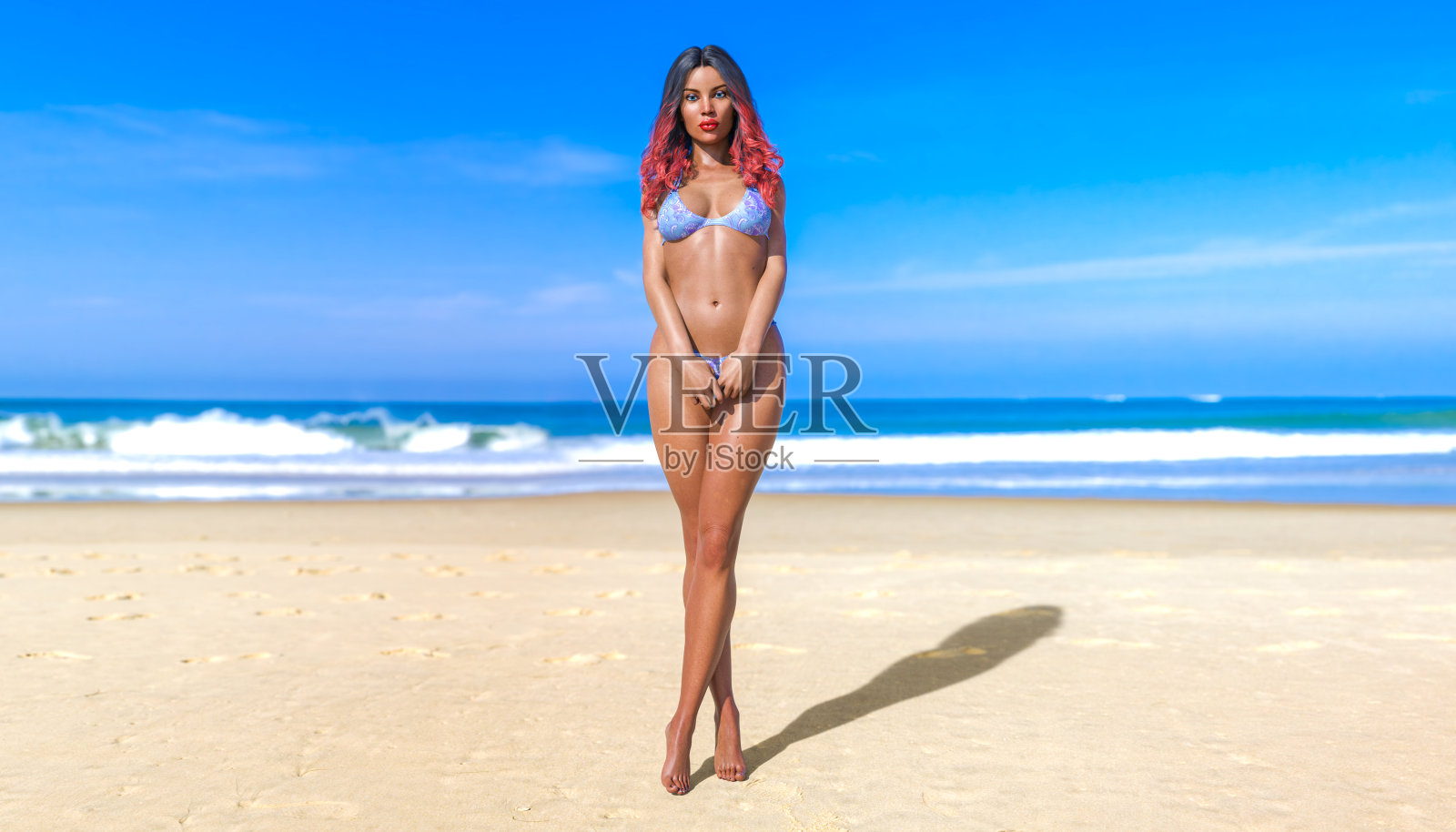 沙滩上的女人泳装。照片摄影图片