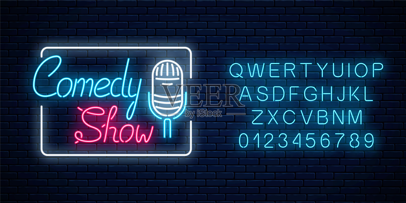 发光的霓虹灯喜剧表演标志与复古麦克风在矩形框架与字母。幽默独白招牌。设计模板素材