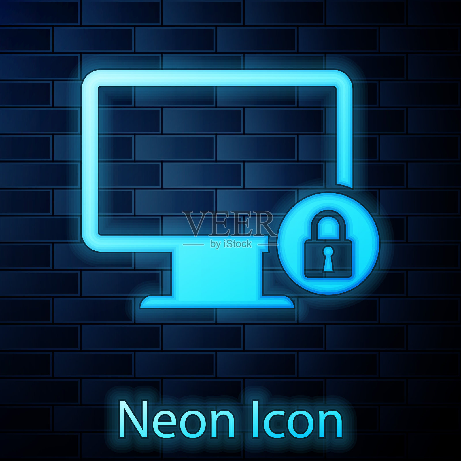 荧光锁在电脑显示器屏幕上的图标隔离在砖墙的背景上。监控和挂锁。安全、安全、保护的理念。安全的互联网络。矢量图插画图片素材