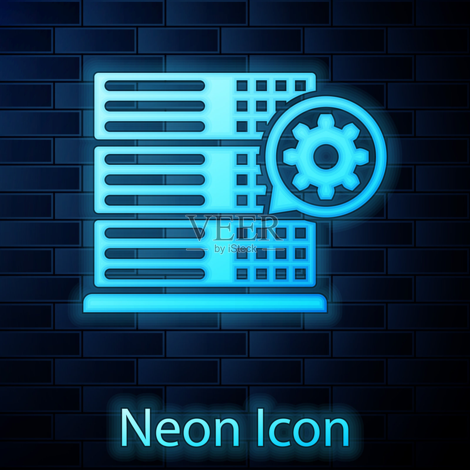 发光的霓虹灯服务器和齿轮图标隔离在砖墙的背景上。调整app，服务理念，设置选项，维护，维修，固定。矢量图图标素材