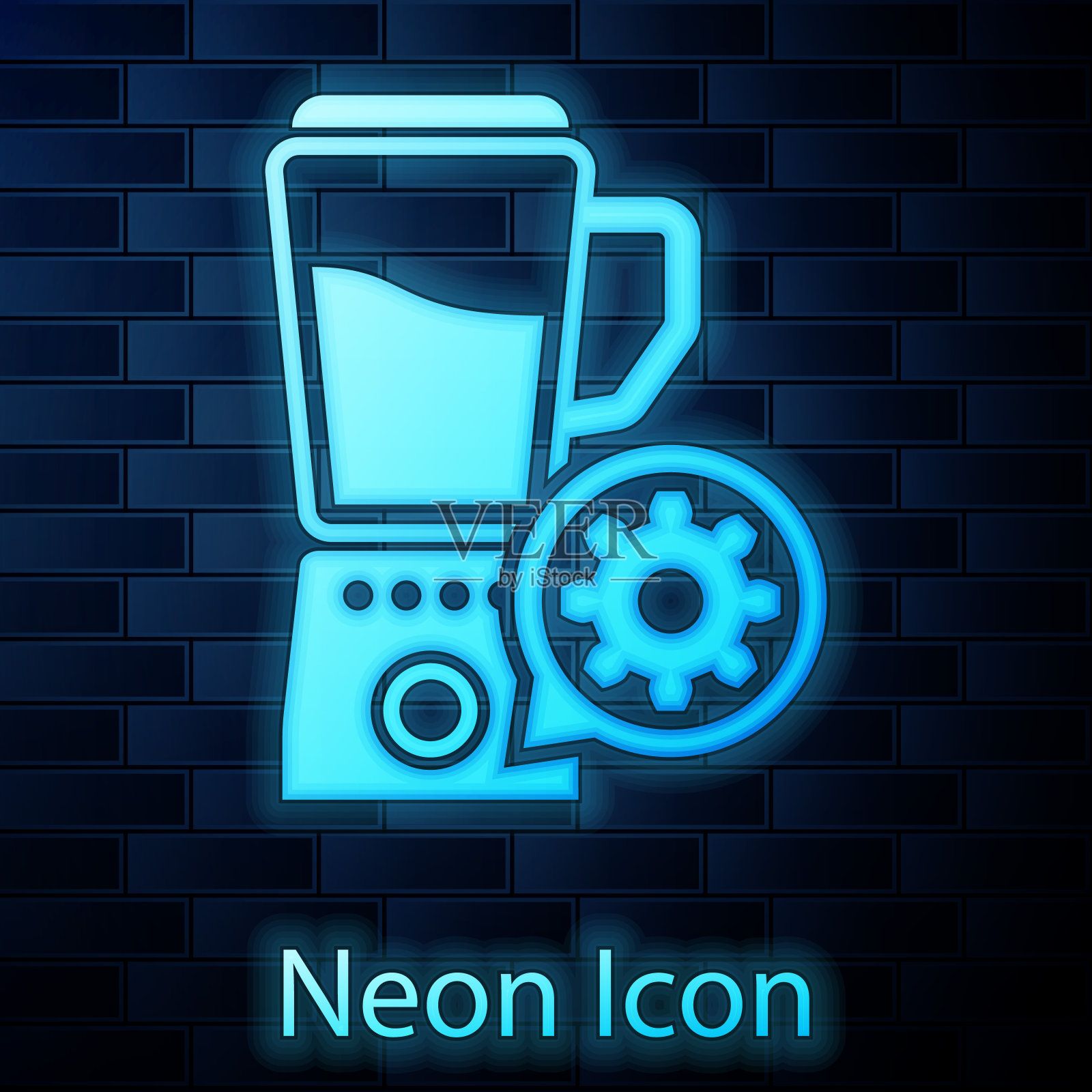 发光的霓虹灯搅拌机与碗和齿轮图标隔离在砖墙的背景。调整app，服务理念，设置选项，维护，维修，固定。矢量图插画图片素材