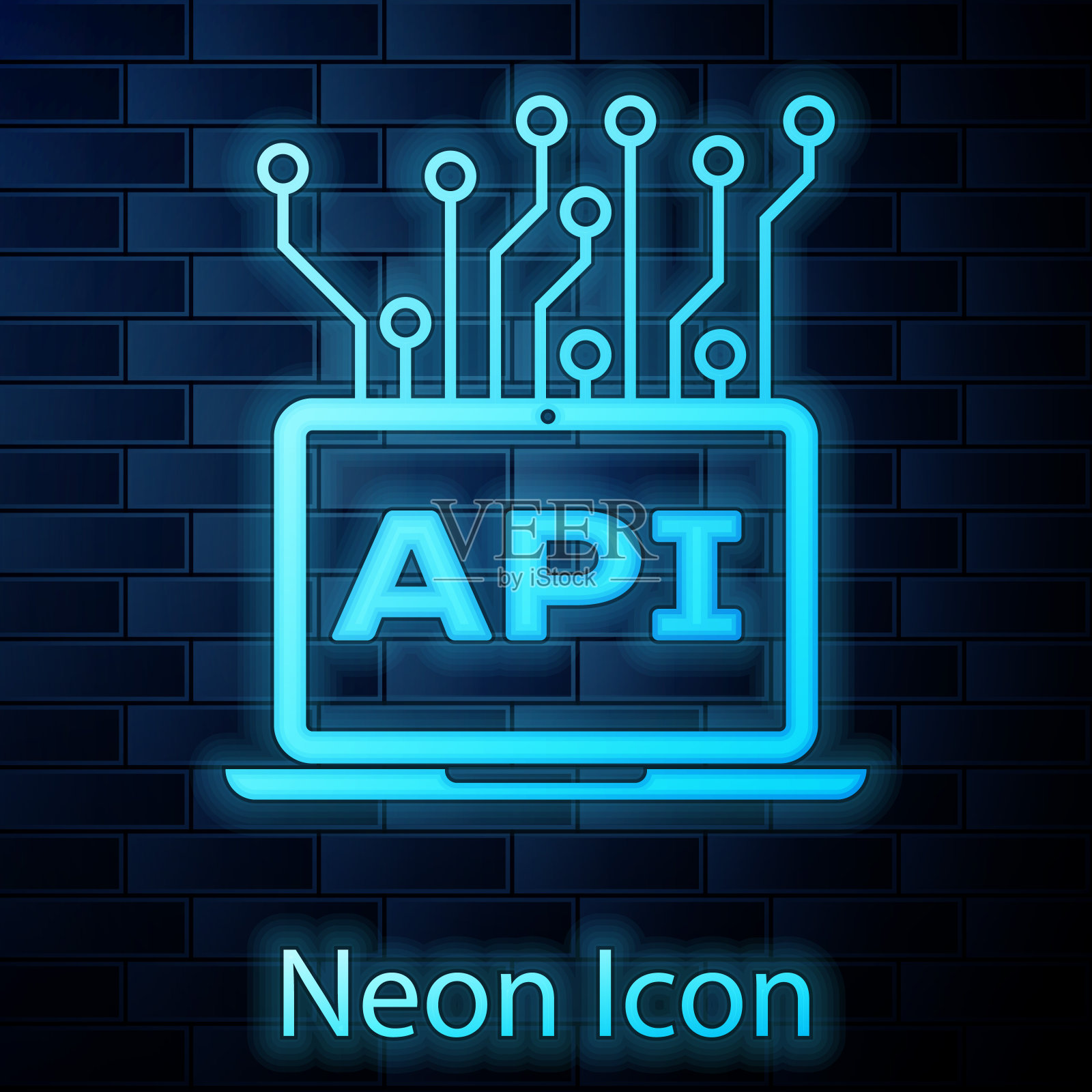发光的霓虹灯计算机api界面图标隔离在砖墙的背景上。应用编程接口API技术。软件集成。矢量图插画图片素材