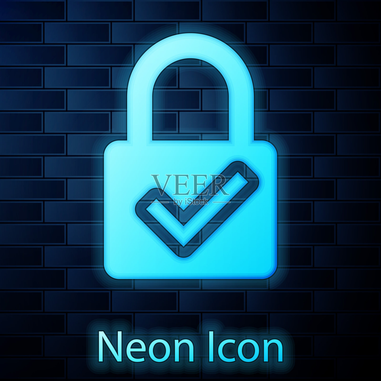 打开挂锁和检查标记图标隔离在砖墙的背景上。网络安全的概念。数字数据保护。安全安全。矢量图插画图片素材