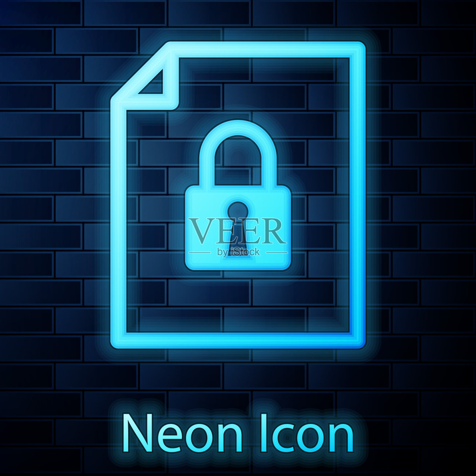 发光的霓虹灯文件和锁定图标隔离在砖墙背景上。文件格式和挂锁。安全、安全、保护的理念。矢量图插画图片素材