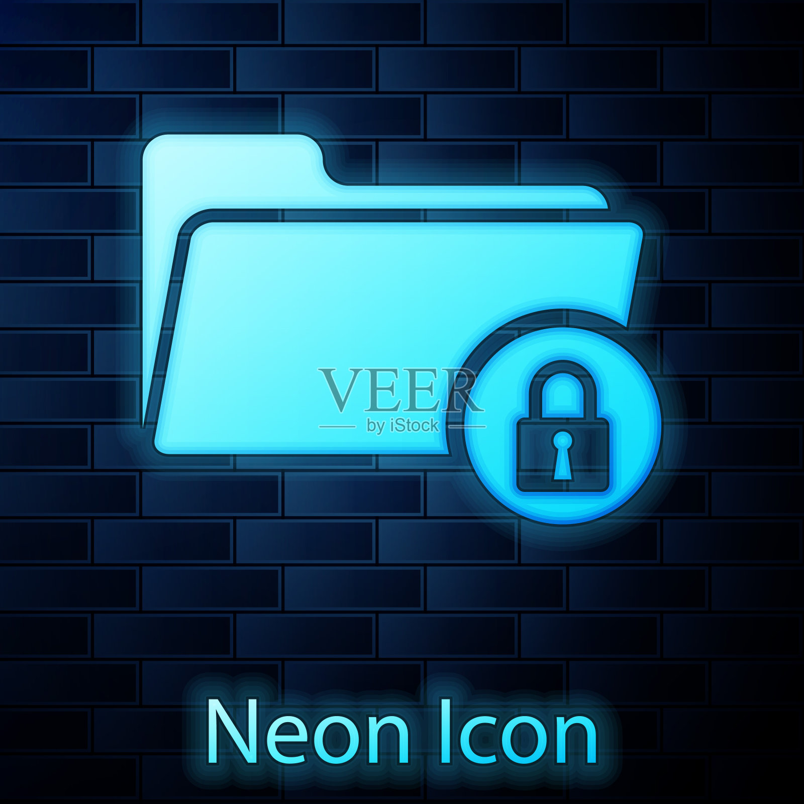 发光的霓虹灯文件夹和锁定图标隔离在砖墙背景。关闭文件夹和挂锁。安全、安全、保护的理念。矢量图插画图片素材