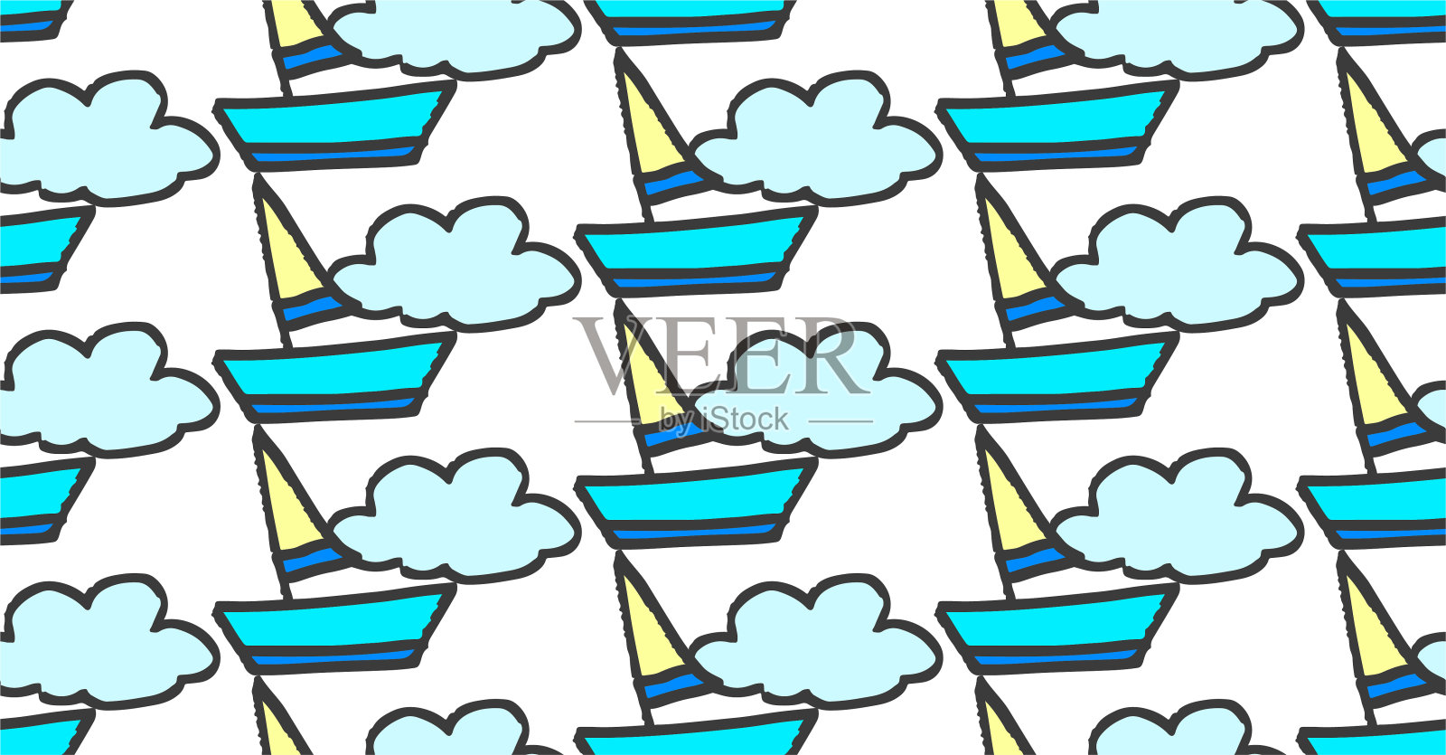 浮船蓝色图案。重复舰船和云层的背景。无缝矢量图案的织物，设计，纺织，包装插画图片素材