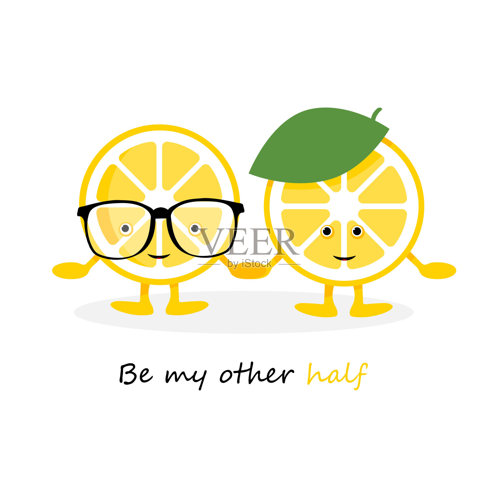 柠檬可爱的微笑性格。卡通黄色水果卡在眼镜和帽子，其中牵手卡。矢量插图。做我的另一半海报插画图片素材