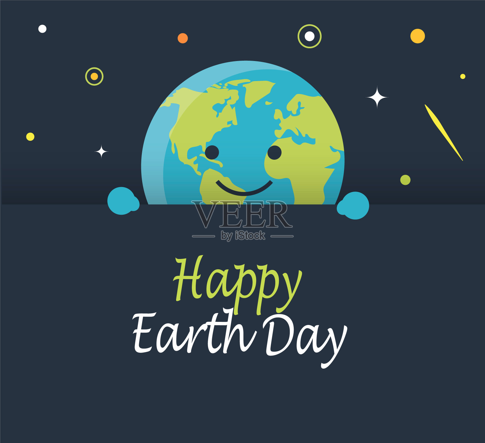 快乐的地球日背景或卡片与太空星星，行星和地球微笑的性格插画图片素材