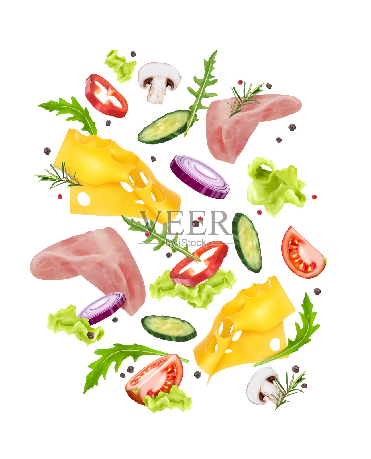 矢量插图黄瓜芝麻菜沙拉，奶酪和肉插画图片素材