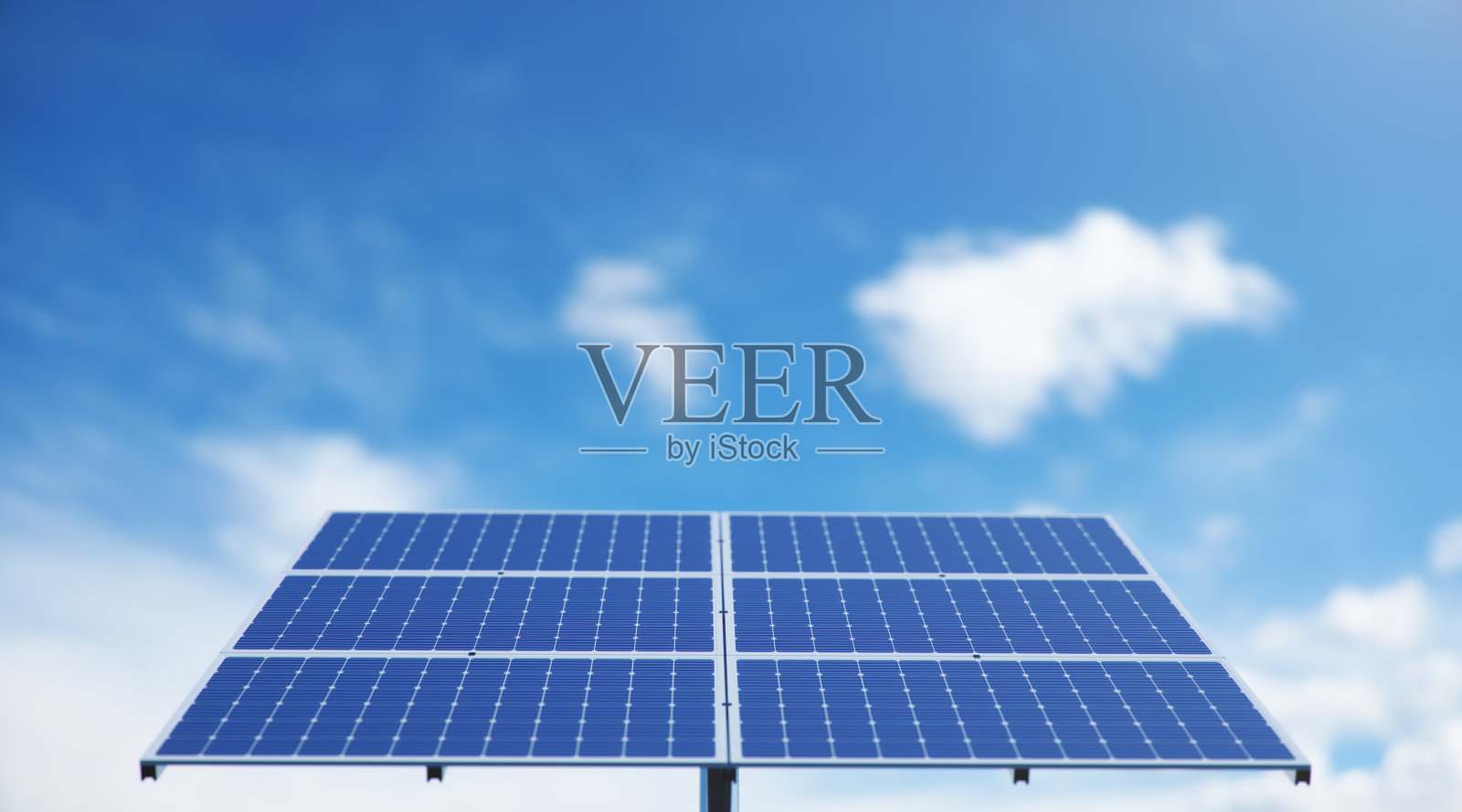 3D插图太阳能电池板在海洋或海洋。替代能源。可再生能源的概念。生态、清洁能源。在蓝天的映衬下，太阳能电池板，光伏电池。照片摄影图片