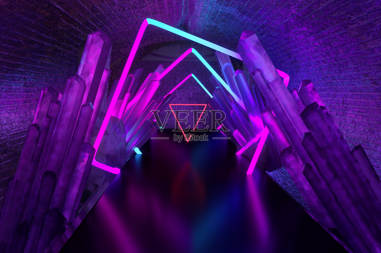 抽象背景，方形入口，发光线隧道霓虹灯照片摄影图片