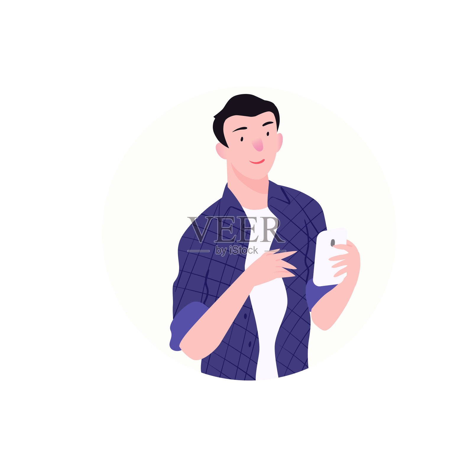 z一代，穿蓝色衬衫的人拿走了智能手机。人物插图孤立在圆形框架上。人矢量插图在平面风格。插画图片素材
