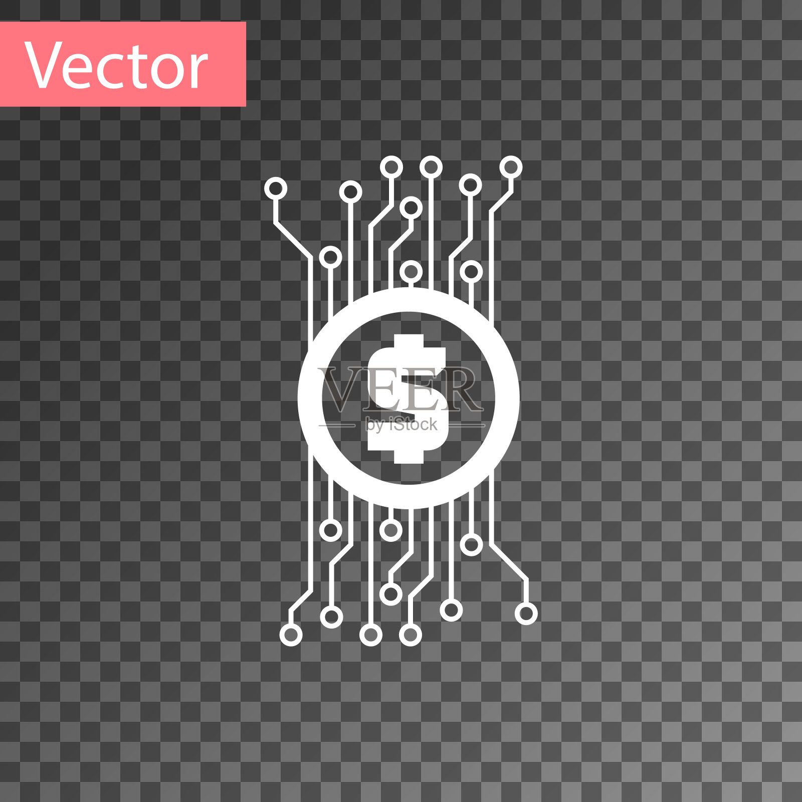 白色加密货币概念比特币与微芯片电路图标隔离在透明的背景。区块链技术，数字货币市场。矢量图插画图片素材