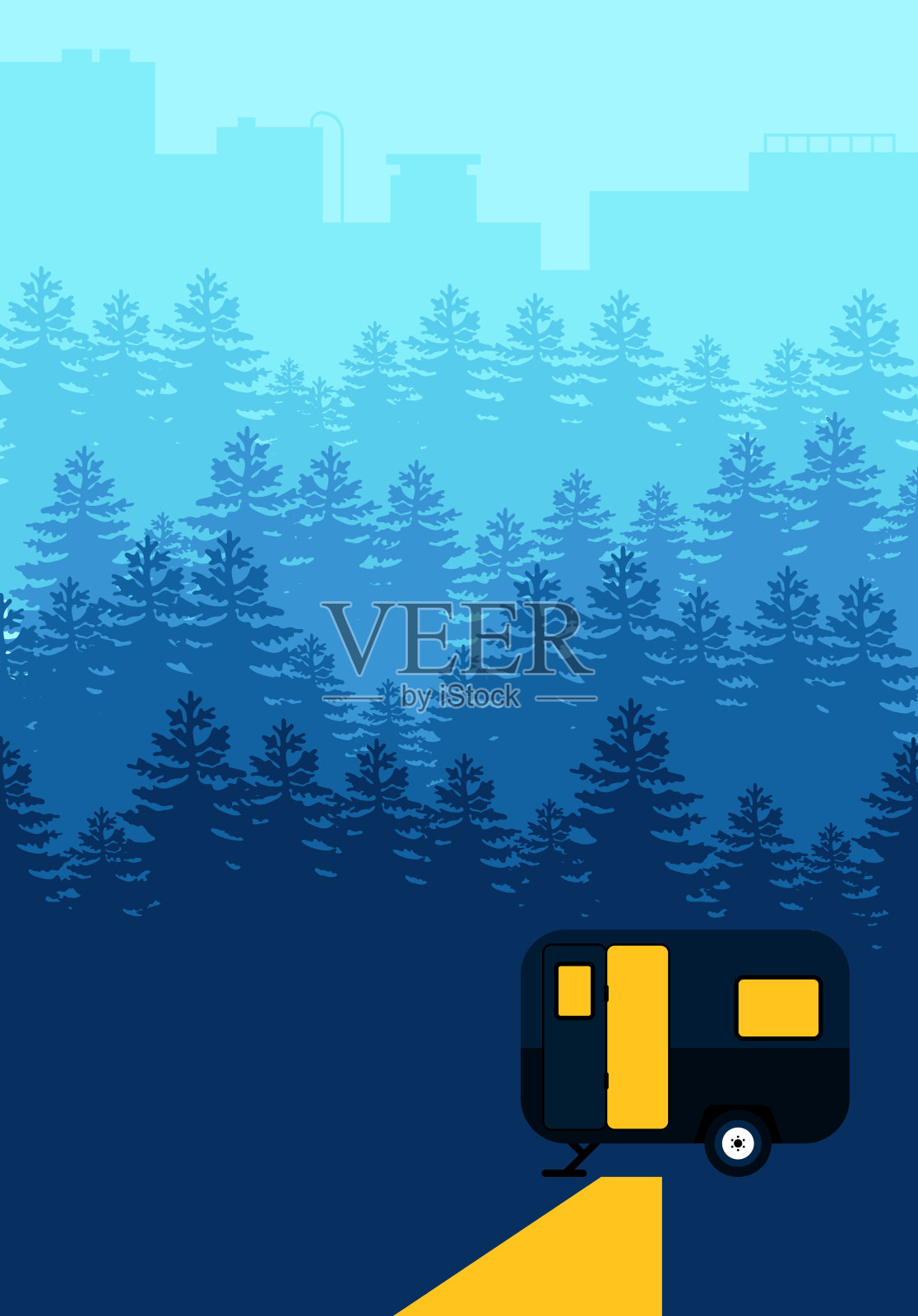 冒险露营在夜晚的森林平设计背景插画图片素材