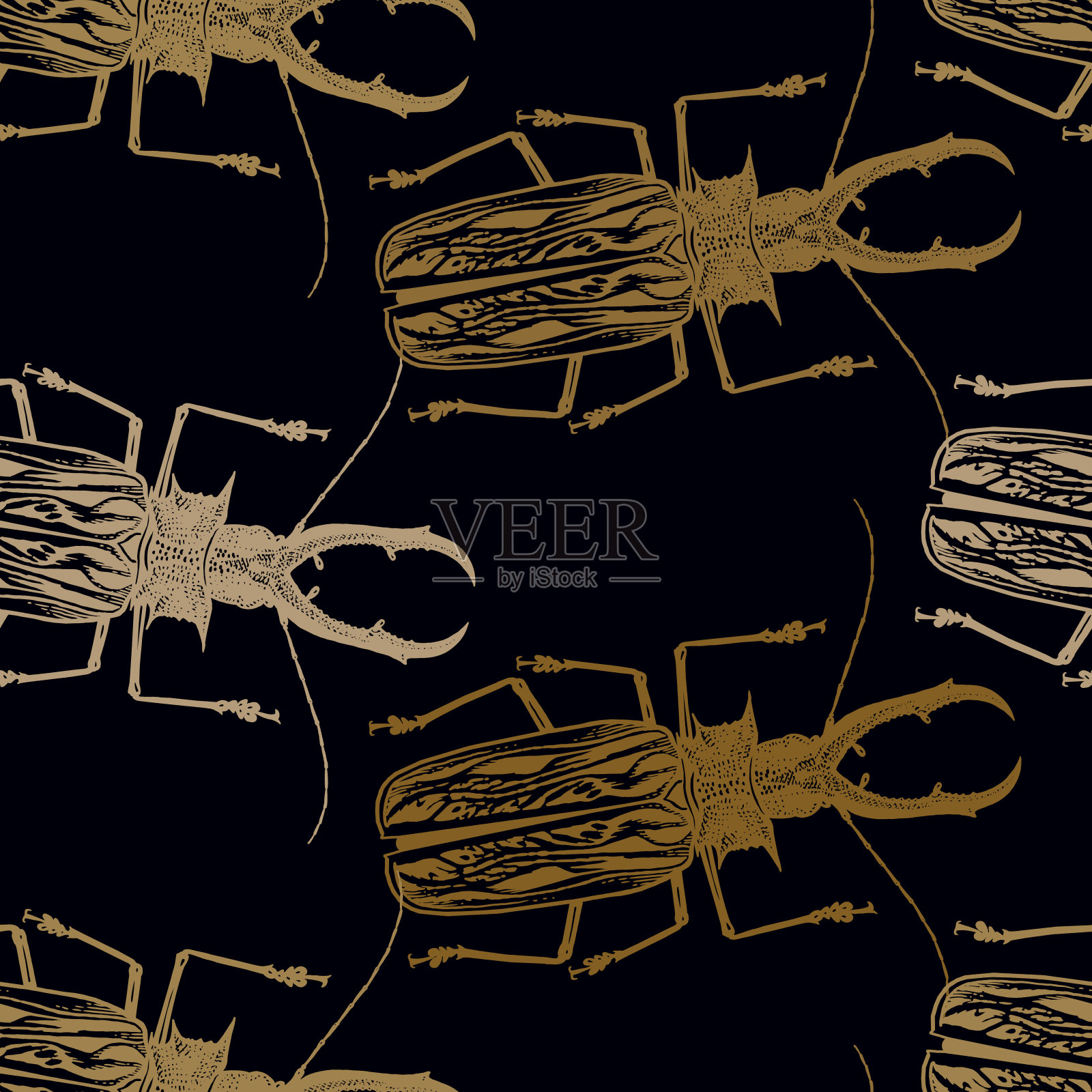 无缝图案与昆虫。黑色背景上的金甲虫。插画图片素材