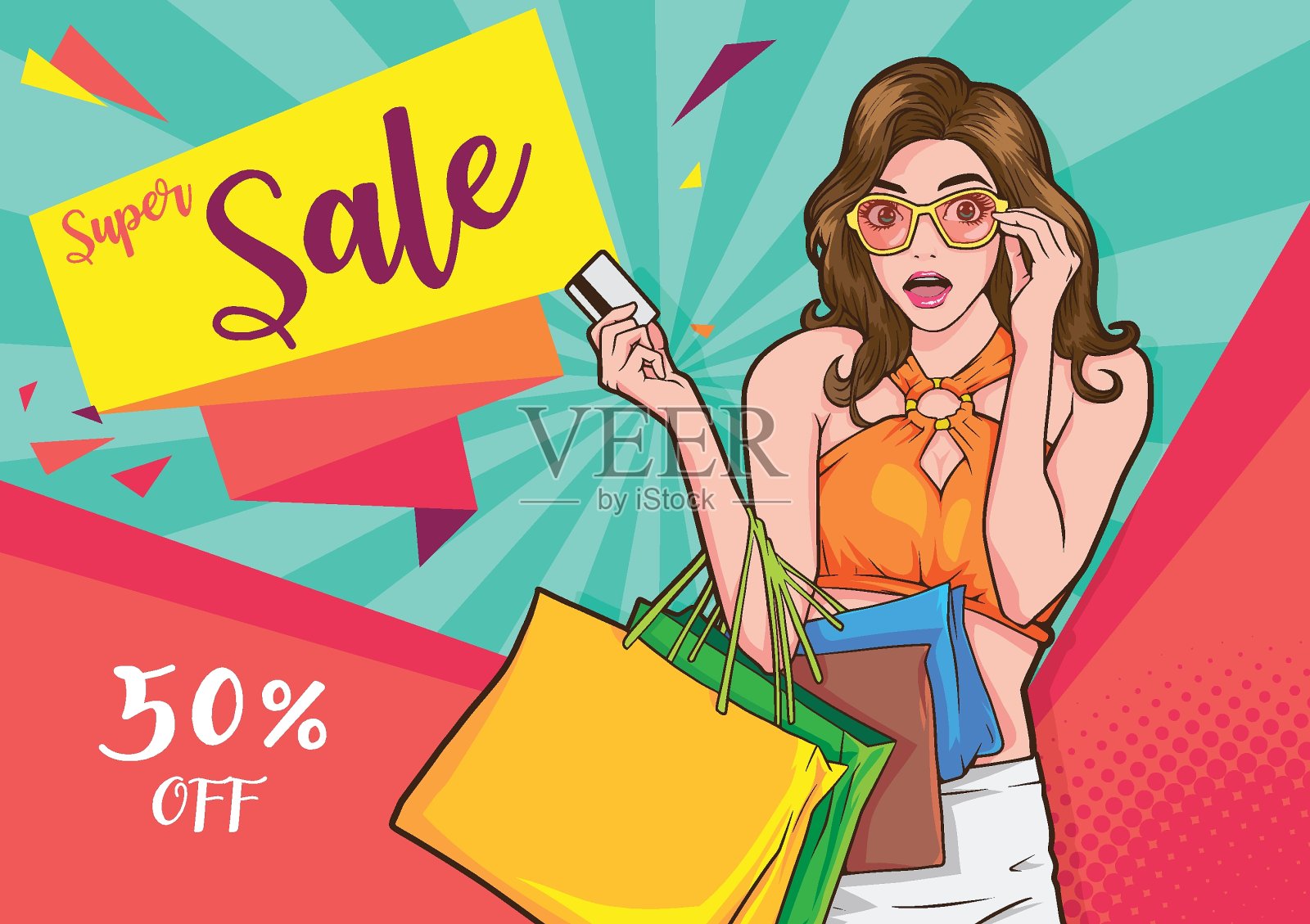 时尚的惊喜与购物袋的女人插画图片素材