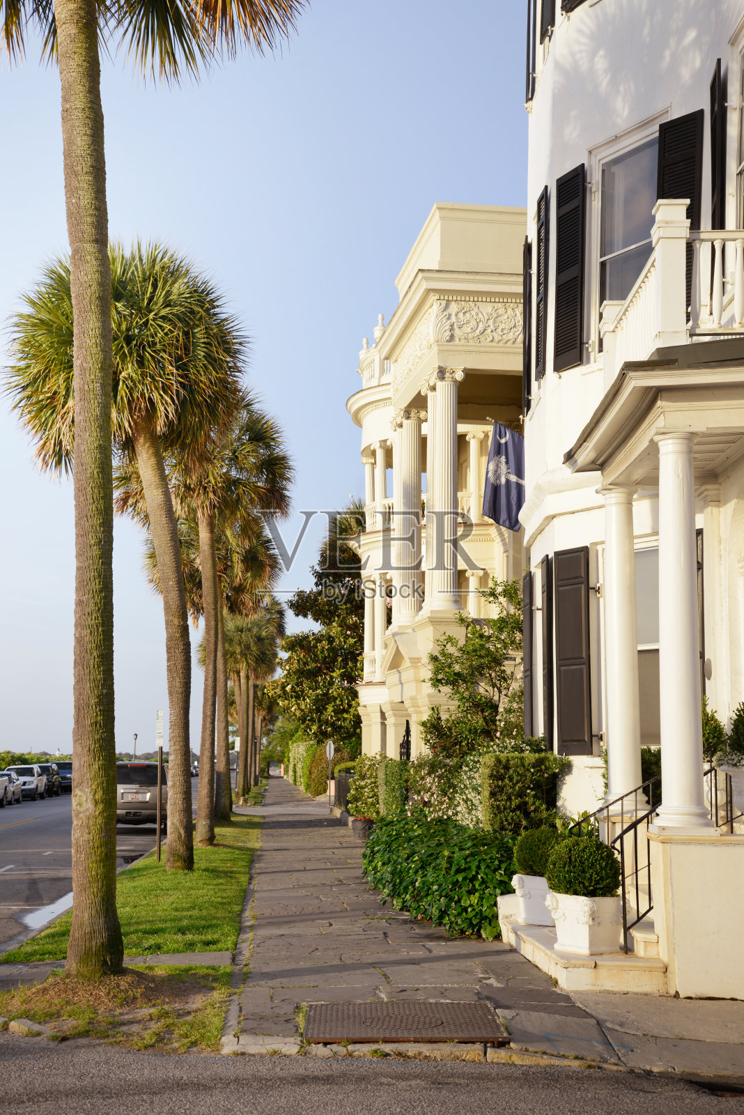 南卡罗来纳州查尔斯顿炮台上的历史房屋。照片摄影图片