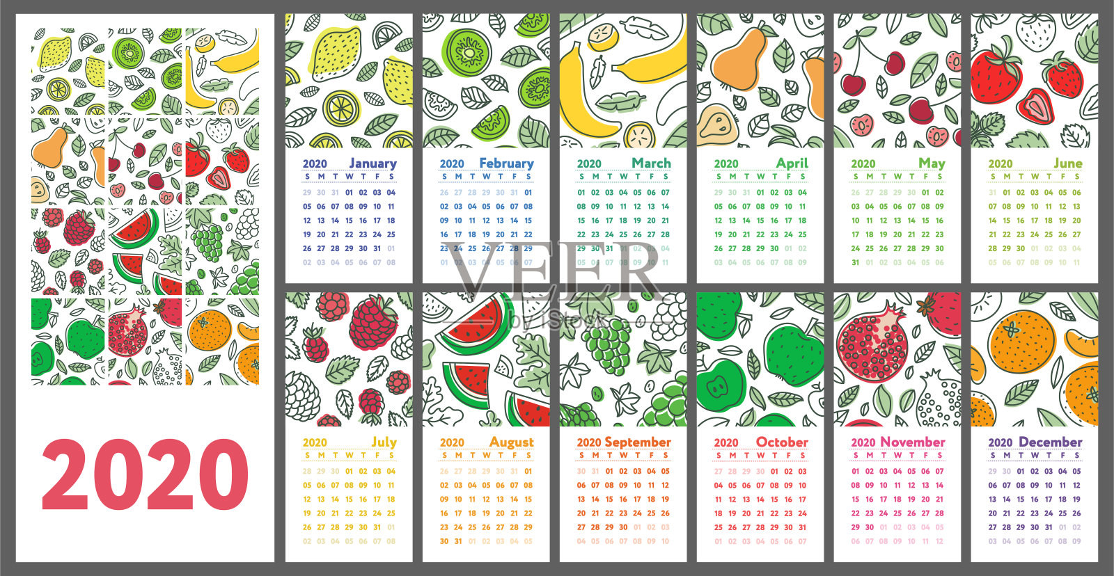 2020年日历。矢量英语挂机。手绘。水果、浆果。柠檬、猕猴桃、香蕉、梨、樱桃、草莓、覆盆子、西瓜、葡萄、苹果、石榴、柑橘。画素描设计模板素材