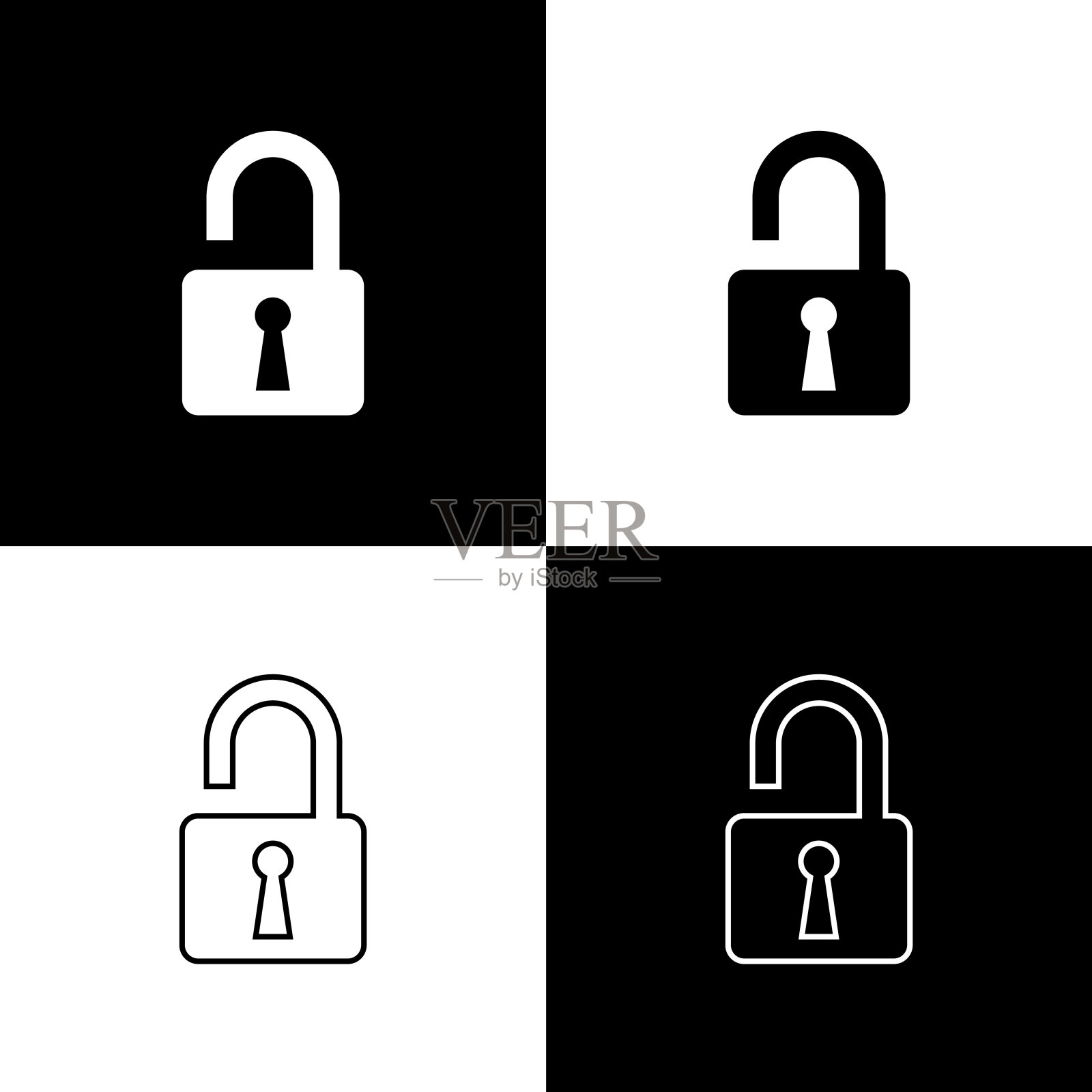 将打开挂锁图标隔离在黑白背景上。开了锁的迹象。网络安全的概念。数字数据保护。安全安全。矢量图图标素材