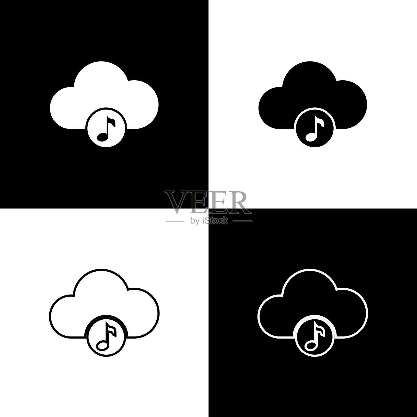 设置音乐流媒体服务图标孤立图标上的黑色和白色背景。声音云计算，在线流媒体，在线歌曲，音频波。线条，轮廓和线性图标。矢量图插画图片素材