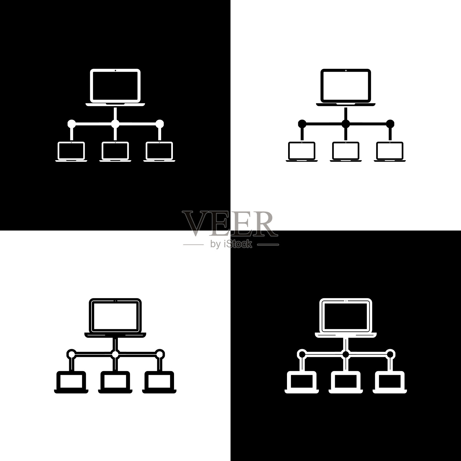 将计算机网络图标隔离在黑白背景上。笔记本电脑网络。互联网连接。线条，轮廓和线性图标。矢量图插画图片素材