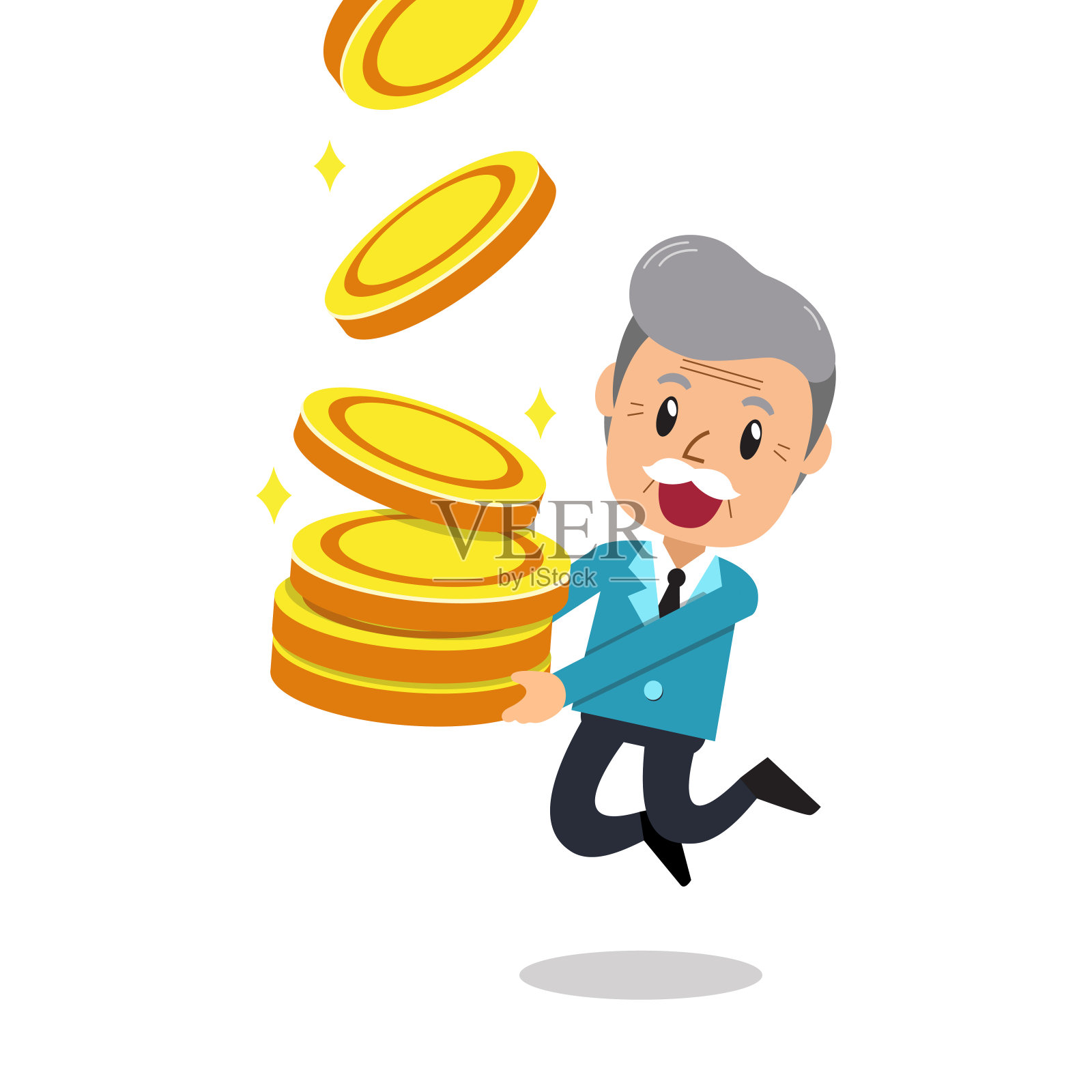 商业概念矢量卡通高级男子与大硬币堆叠插画图片素材