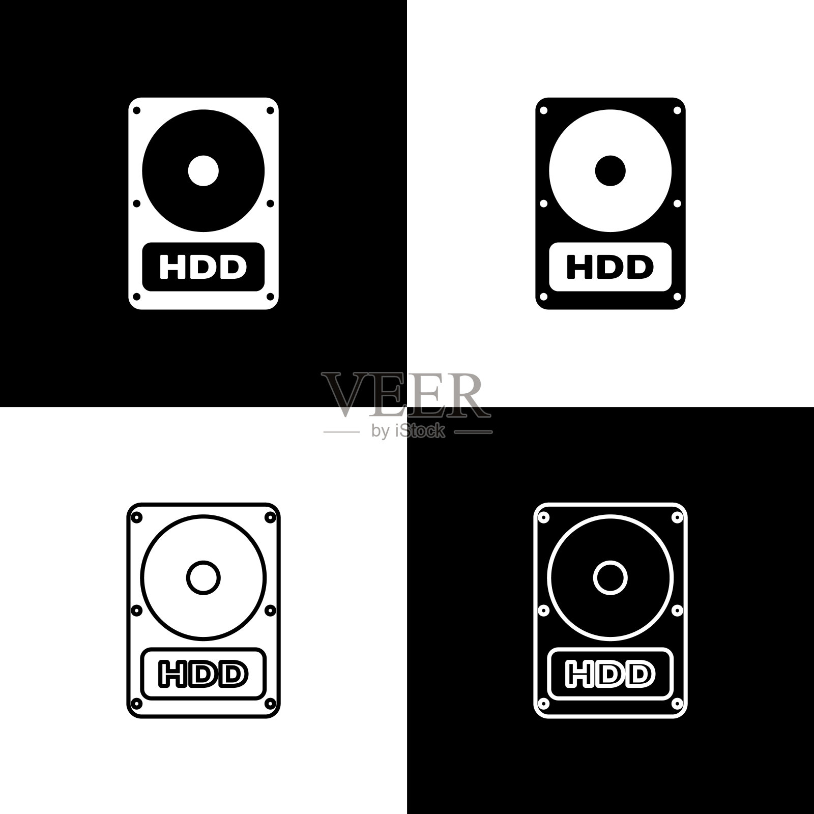 将硬盘驱动器(HDD)图标隔离在黑白背景上。线条，轮廓和线性图标。矢量图插画图片素材