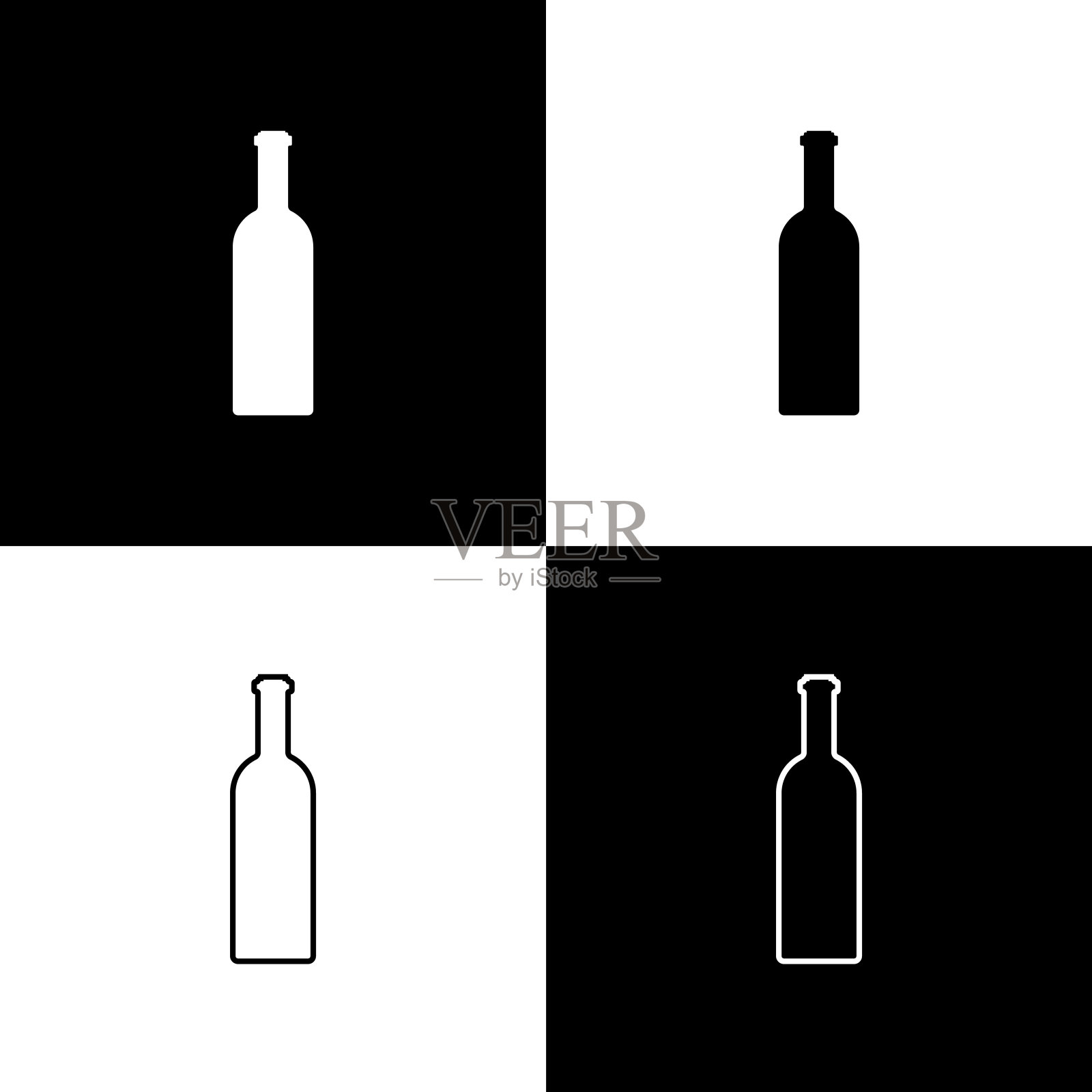 设置酒瓶图标孤立的黑色和白色背景。线条，轮廓和线性图标。矢量图设计元素图片