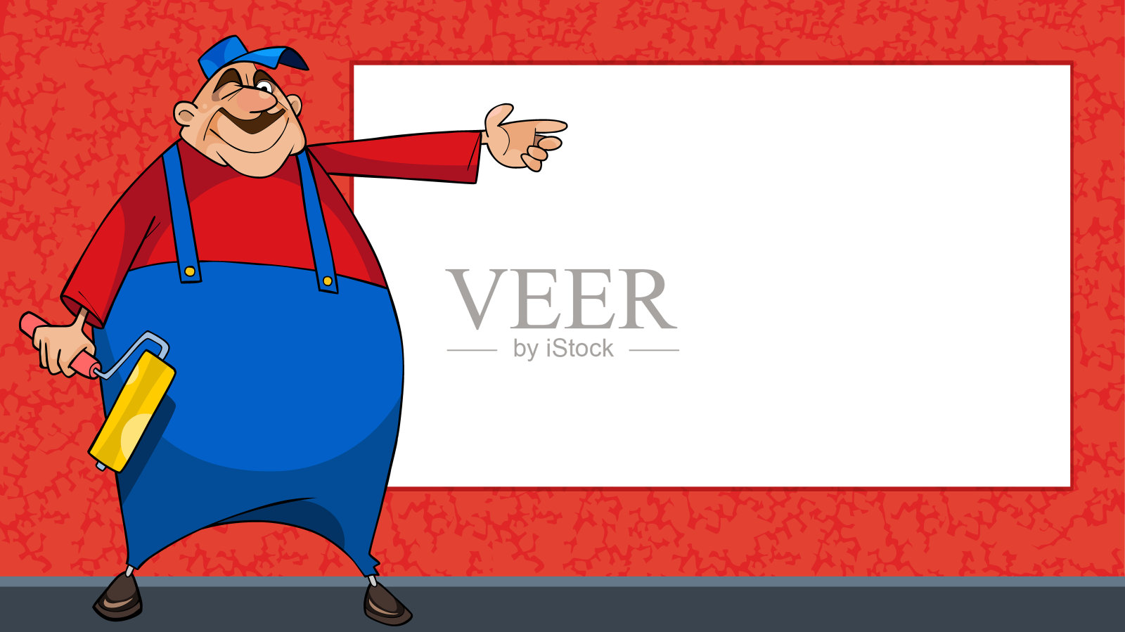 穿着工作服的卡通工作人员用手指着一块空白的广告牌插画图片素材