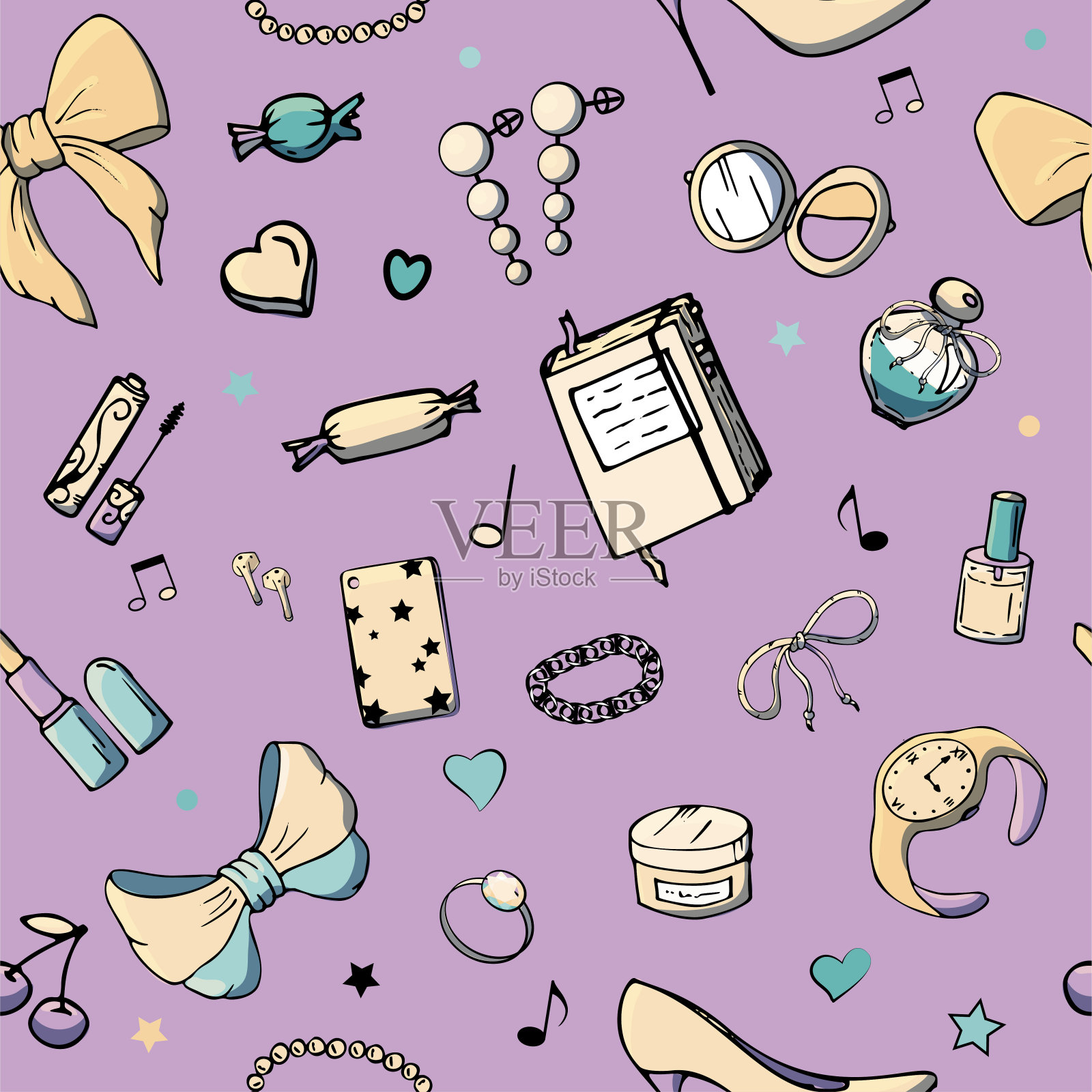 矢量无缝模式与女孩的东西。时尚插画与女装，珠宝，化妆品，礼物和浪漫。可爱事物的实际矢量图。一个年轻女孩的兴趣。插画图片素材