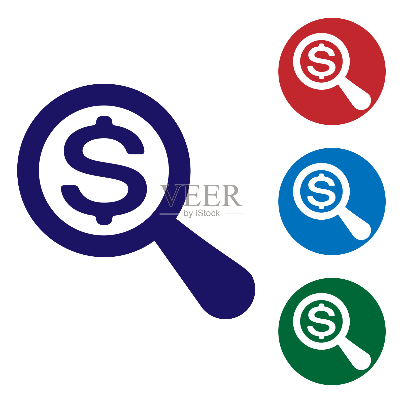 蓝色放大镜和美元图标孤立在白色背景。找到钱。寻找钱。设置圆形按钮中的颜色图标。矢量图插画图片素材