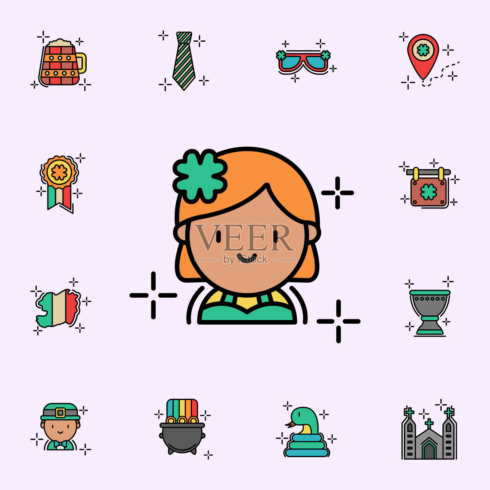 姜,女孩图标。圣帕特里克节图标普遍设置为网络和移动插画图片素材