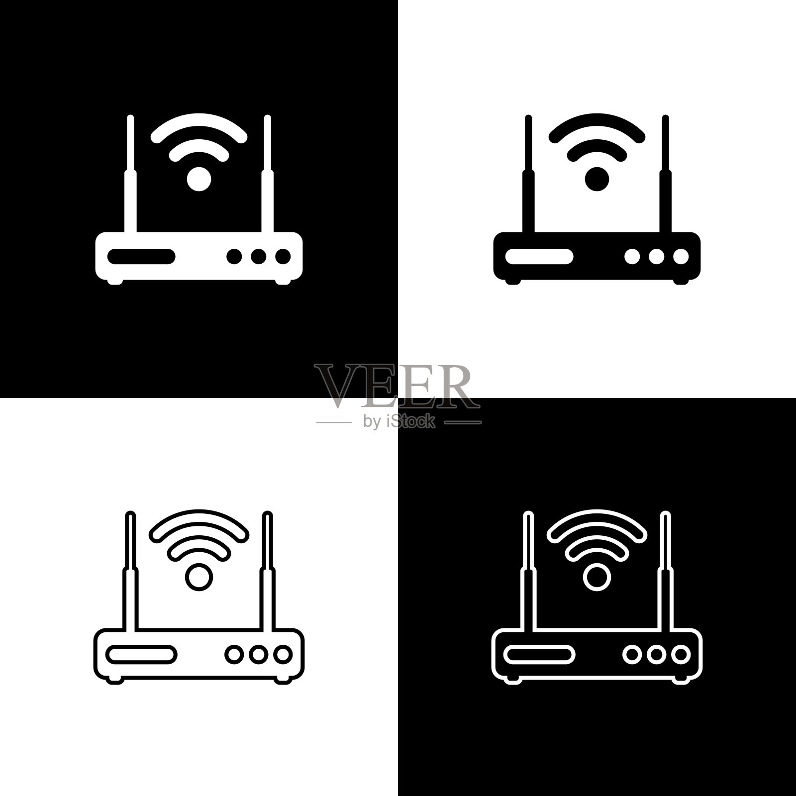 设置路由器和wi-fi信号符号图标隔离在黑色和白色背景。无线以太网调制解调器路由器。计算机技术网络。线条，轮廓和线性图标。矢量图图标素材