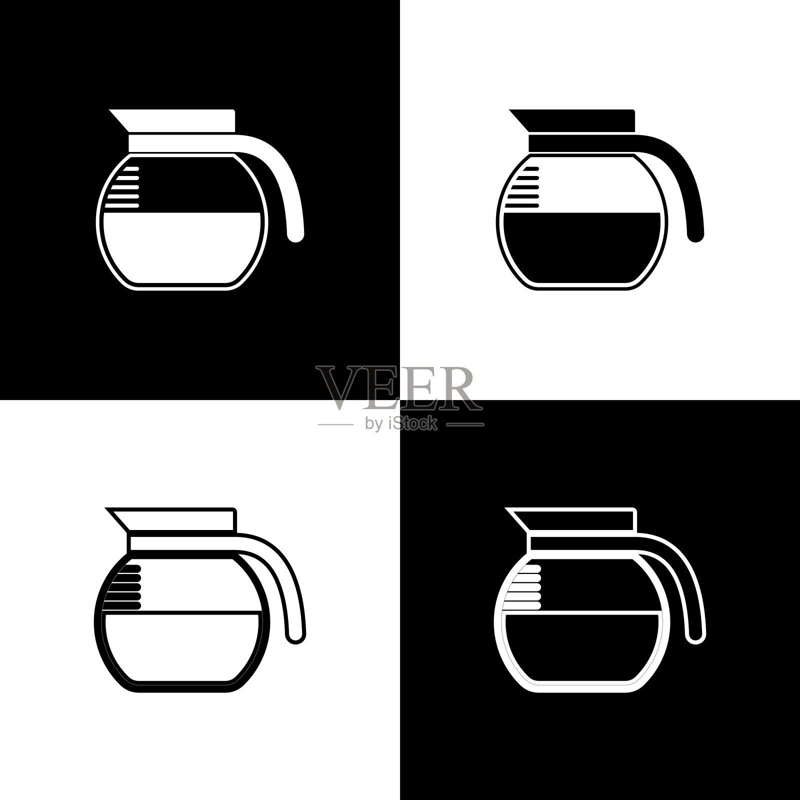 设置咖啡壶图标孤立的黑色和白色背景。线条，轮廓和线性图标。矢量图图标素材